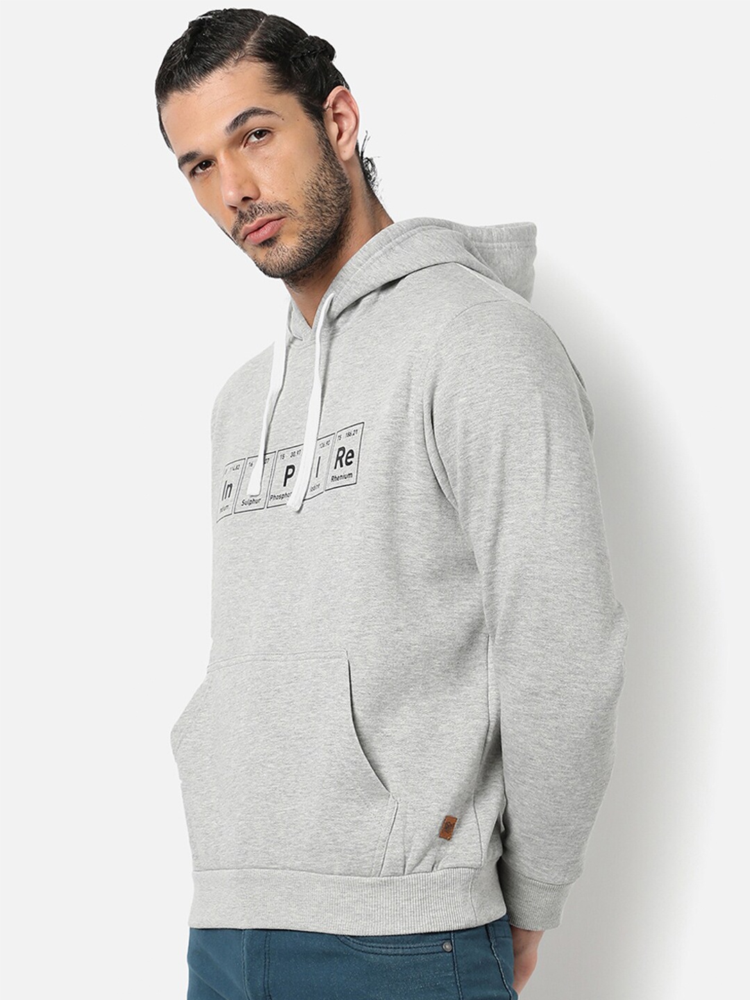 

Campus Sutra Men Grey Printed Hooded Sweatshirt