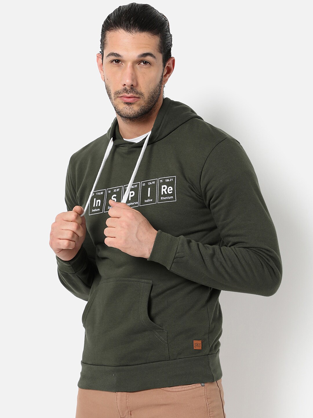 

Campus Sutra Men Olive Green Printed Hooded Sweatshirt
