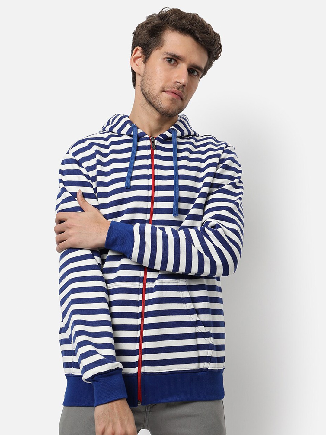

Campus Sutra Men Blue Striped Hooded Sweatshirt