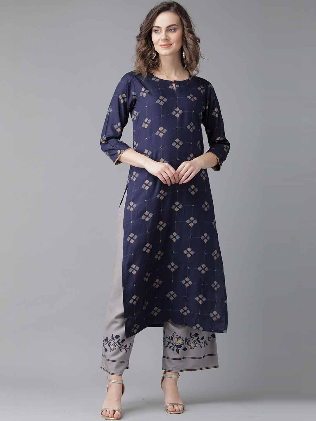 

Indo Era Women Navy Blue Floral Printed Thread Work Kurta