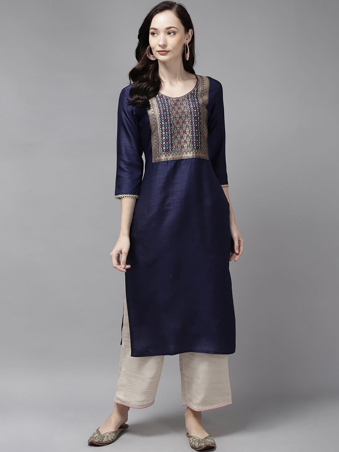 

Indo Era Women Navy Blue Yoke Design Solid Straight Kurta