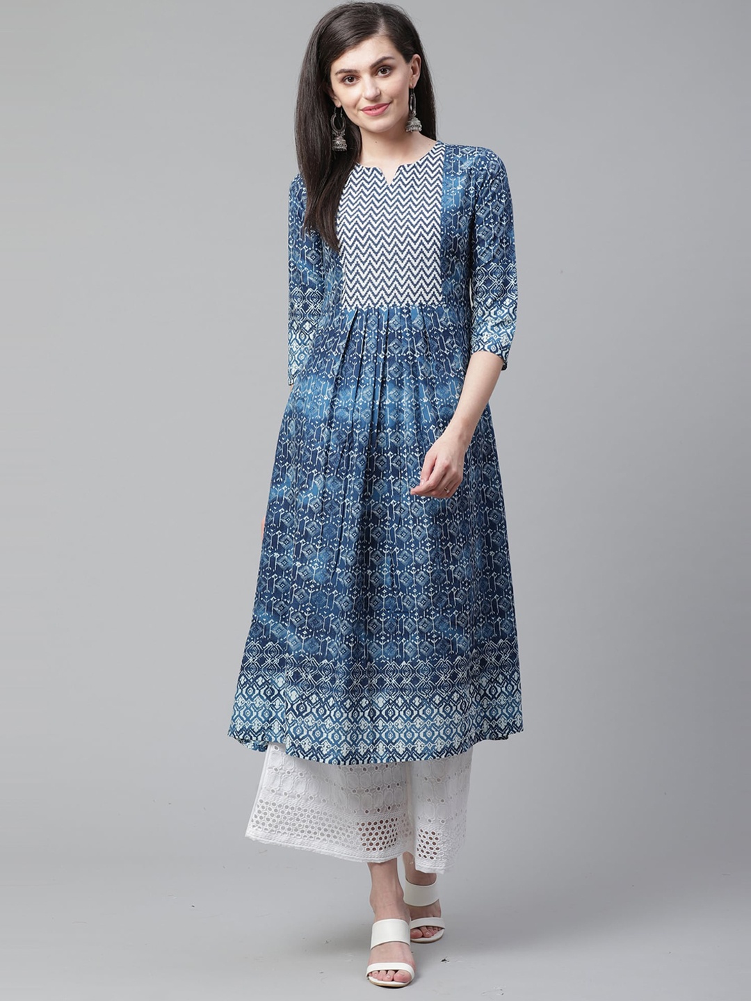 

Indo Era Women Blue Geometric Printed Anarkali Kurta