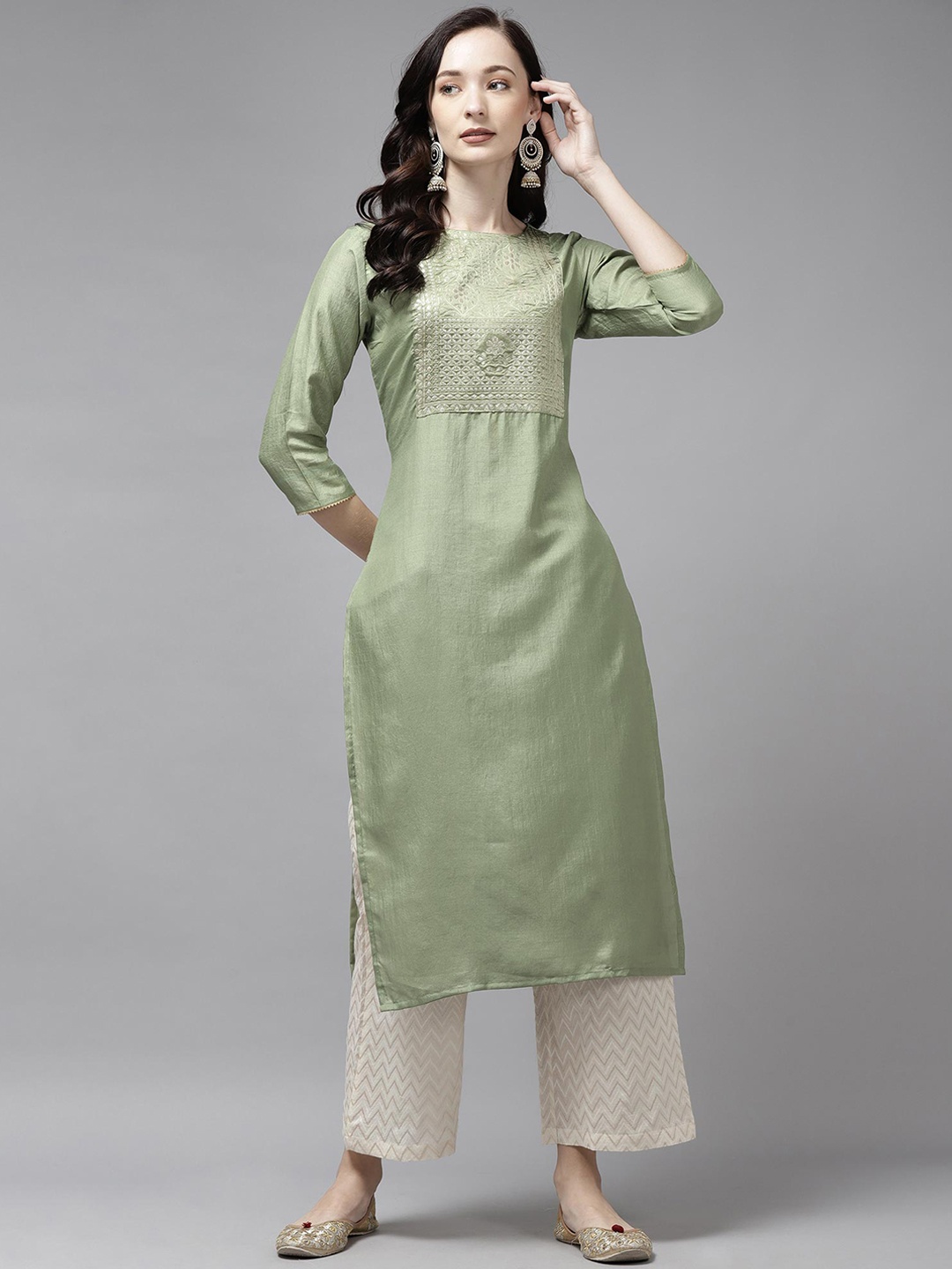 

Indo Era Women Green Yoke Design Thread Work Straight Kurta