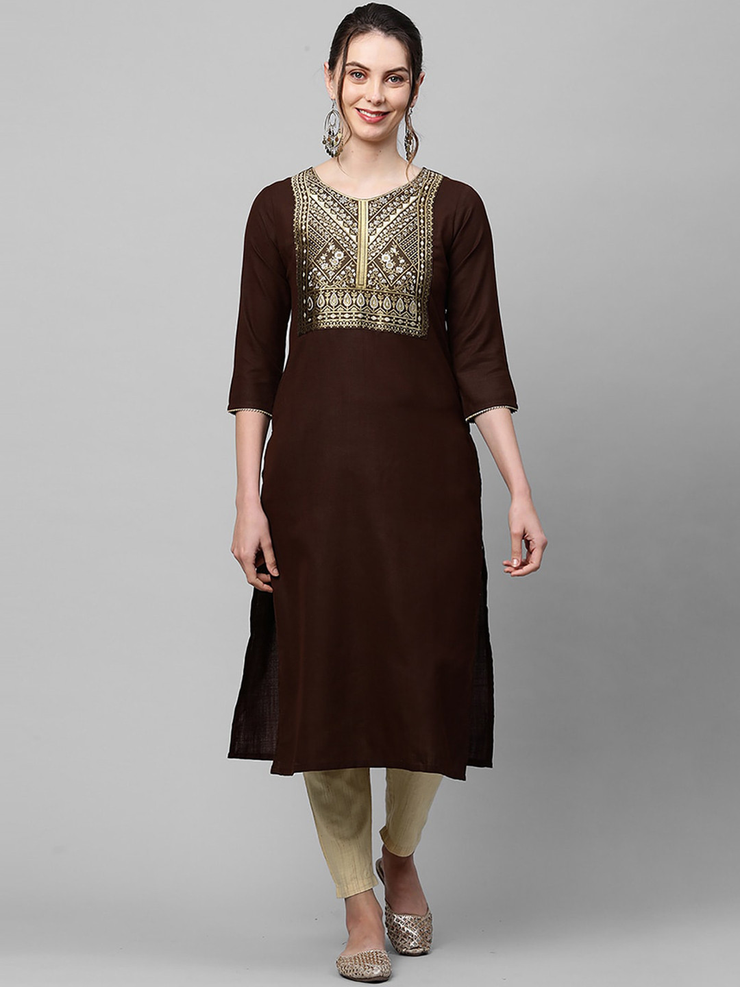 

Indo Era Women Brown Ethnic Motifs Yoke Design Kurta