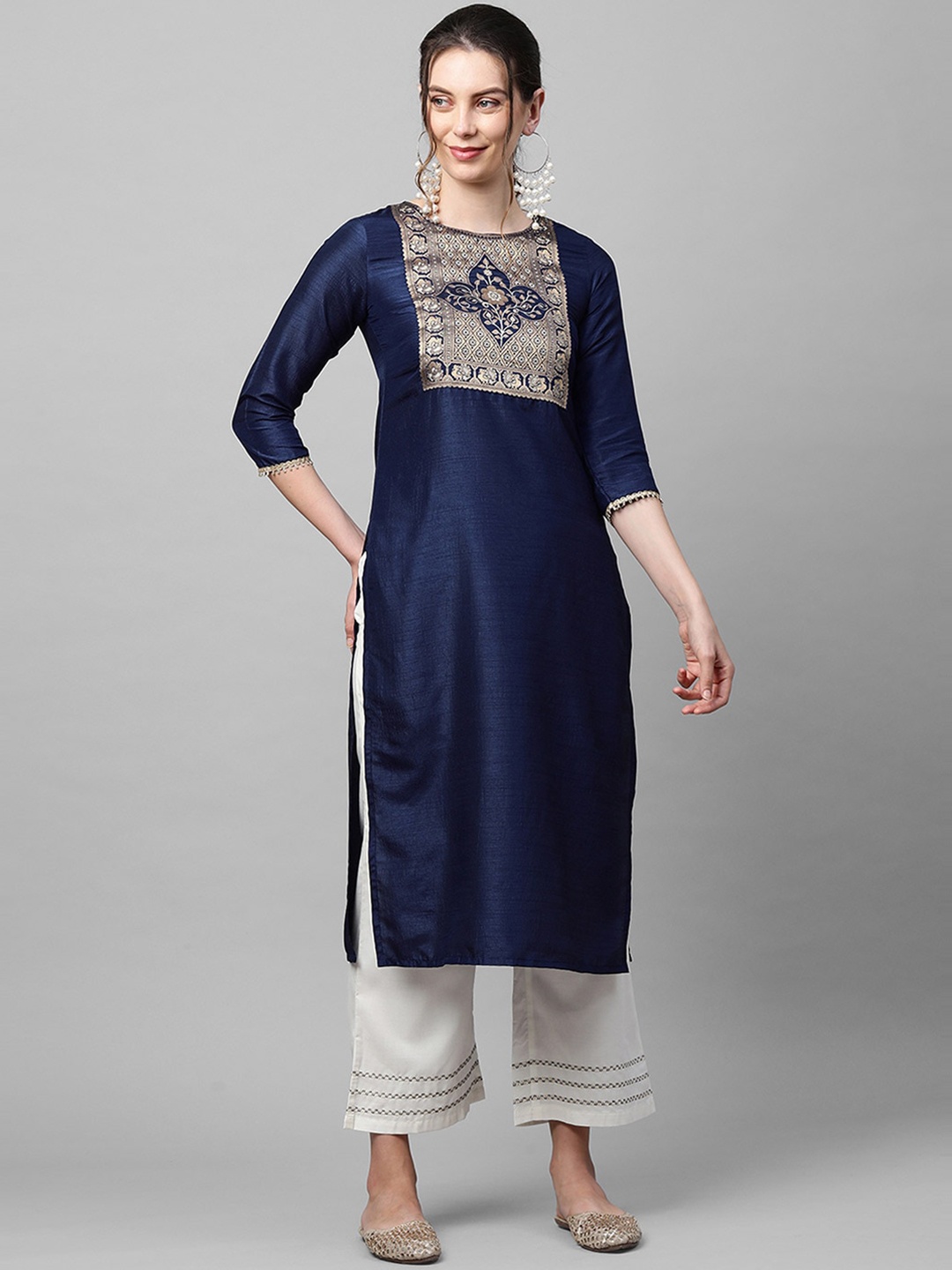 

Indo Era Women Navy Blue Ethnic Motifs Yoke Design Straight Kurta