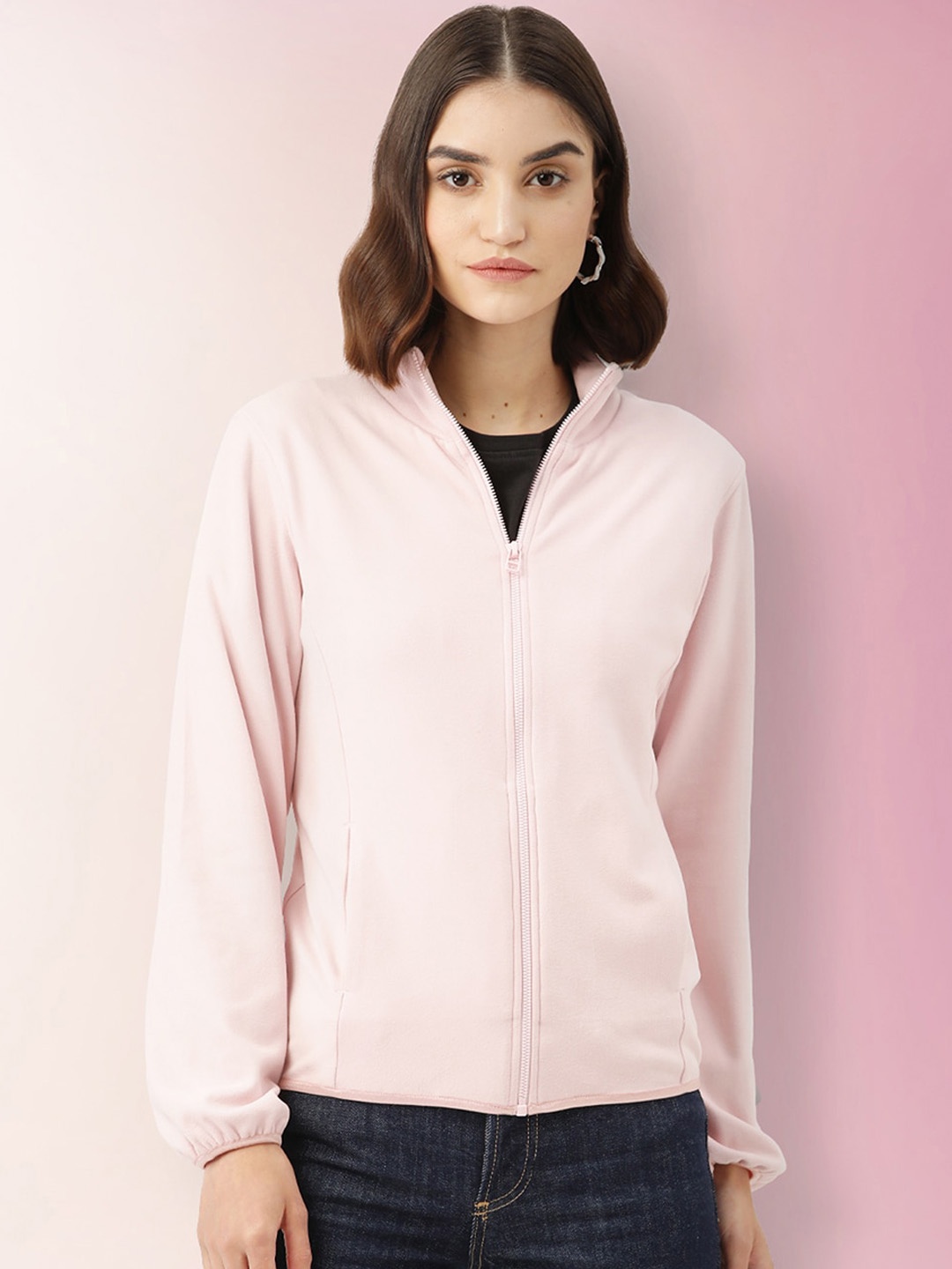 

LILL Women Pink Geometric Lightweight Crop Bomber Jacket