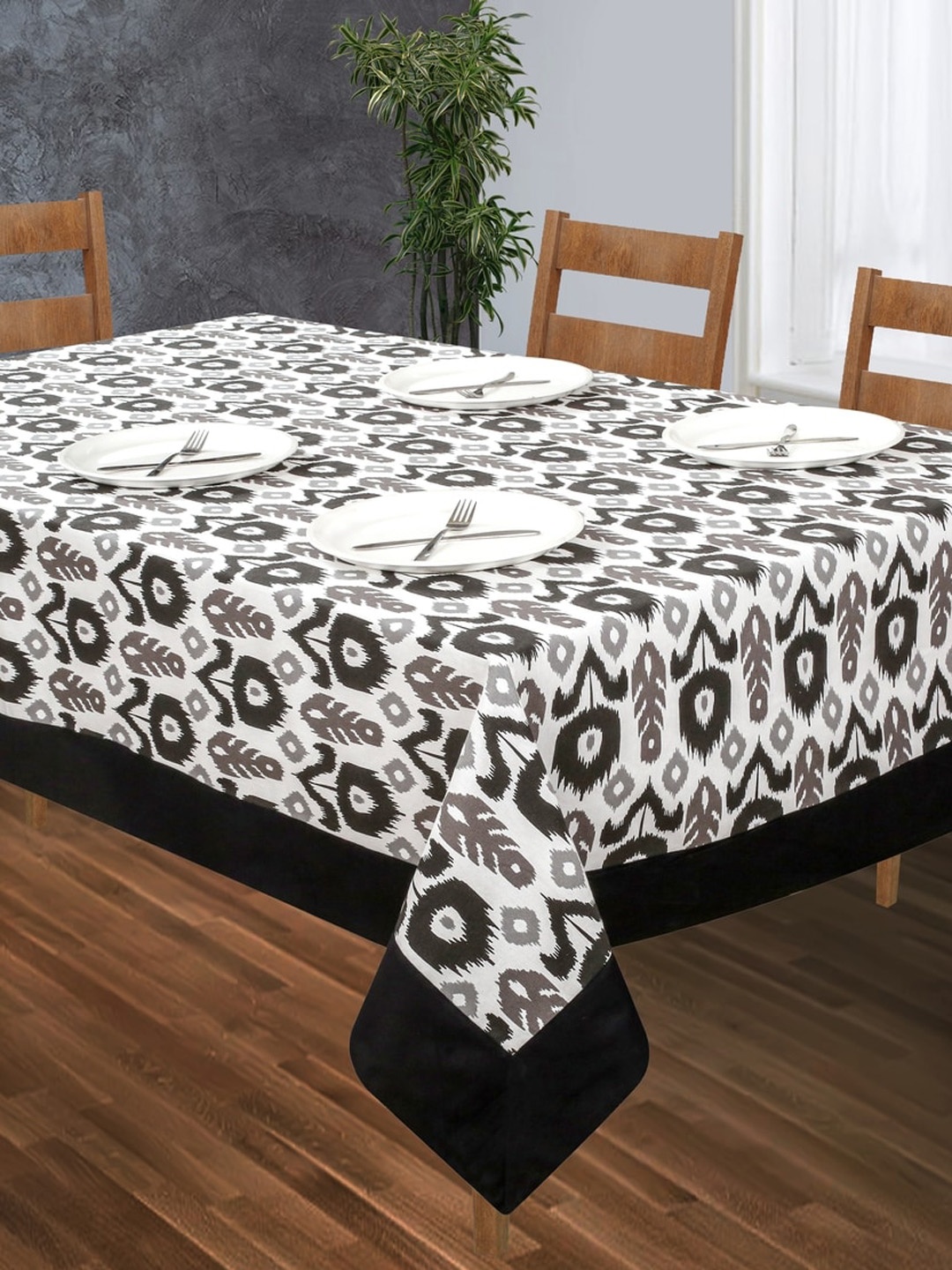 

SHADES of LIFE White & Black Ikkat Printed 4 Seater Pure Cotton Table Cover