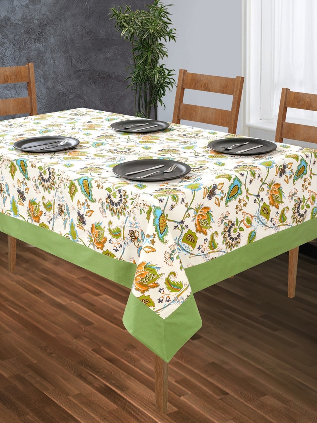 

SHADES of LIFE Green Printed Pure Cotton Table Covers, White