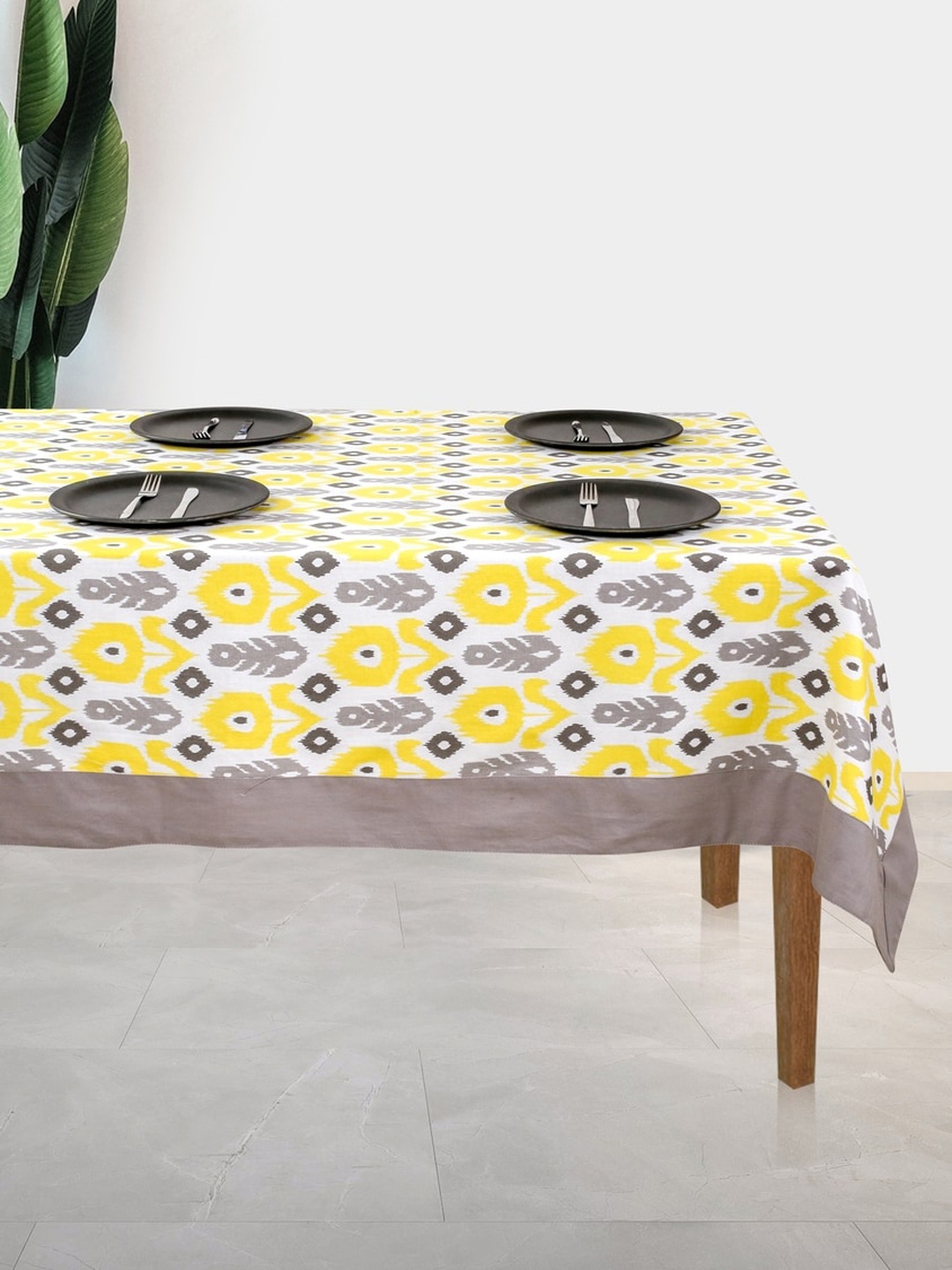 

SHADES of LIFE Grey Printed Pure Cotton 2-Seater Table Cover, Yellow