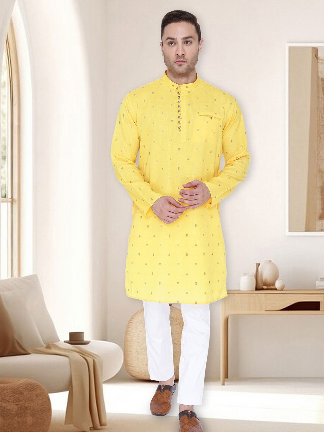 

Kuons Avenue Men Yellow Chikankari Kurta