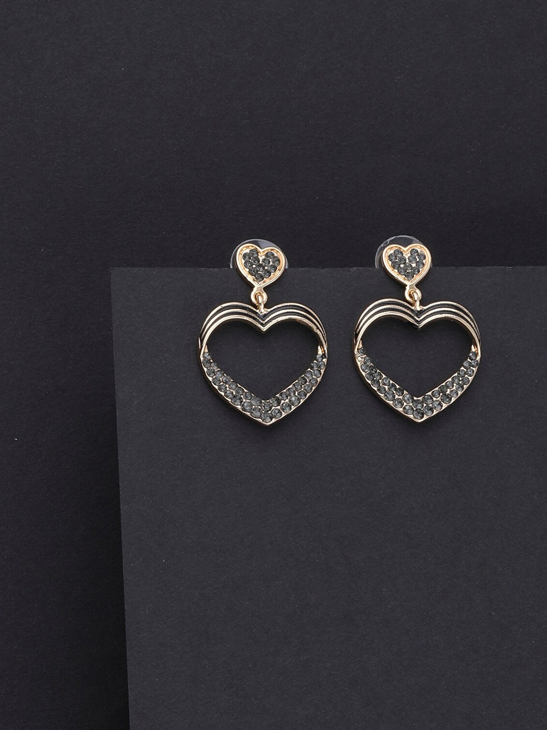 

Silver Shine Gold-Toned & Black Heart Shaped Drop Earrings