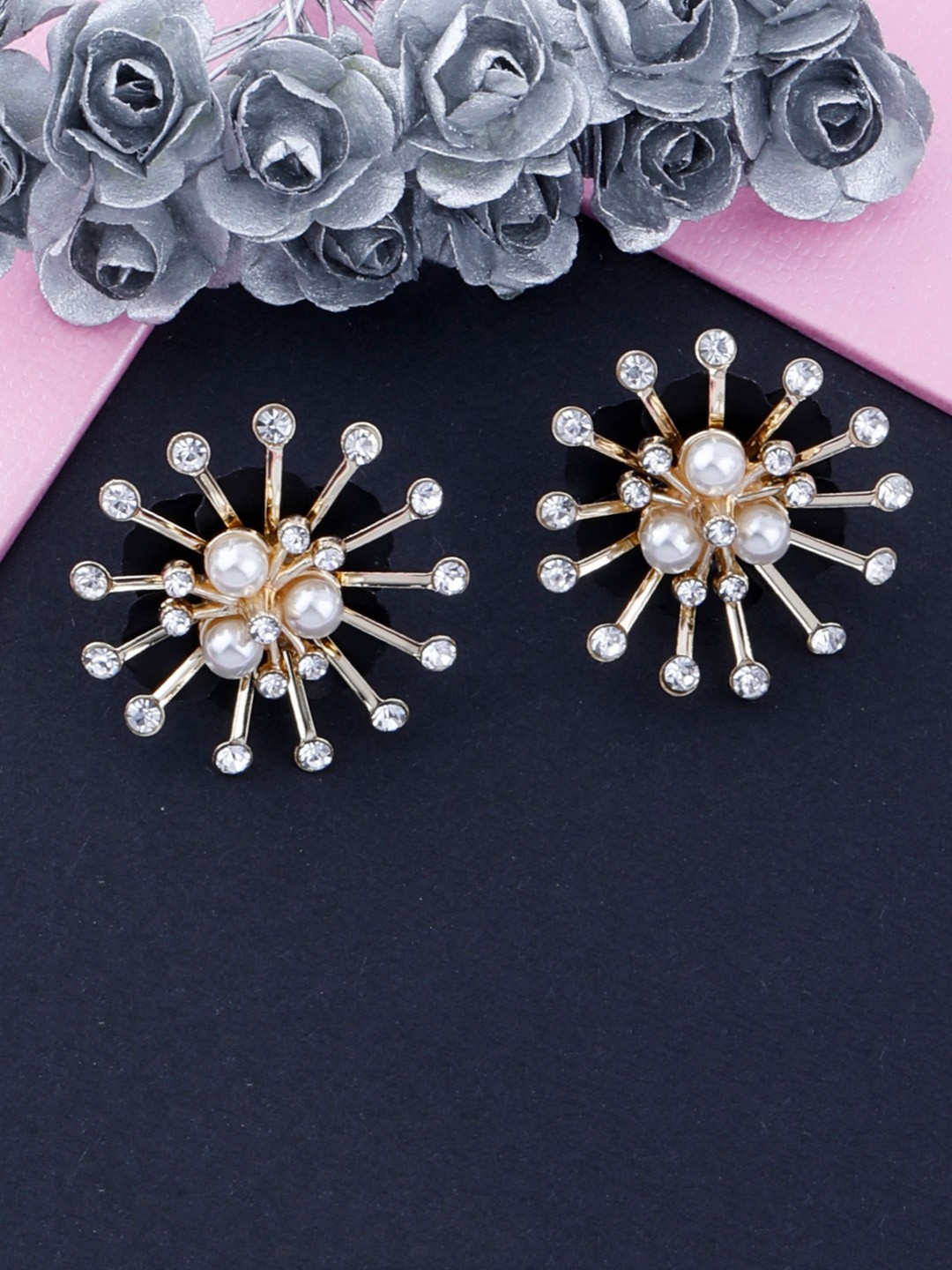

Silver Shine Gold-Toned & White Contemporary Studs Earrings