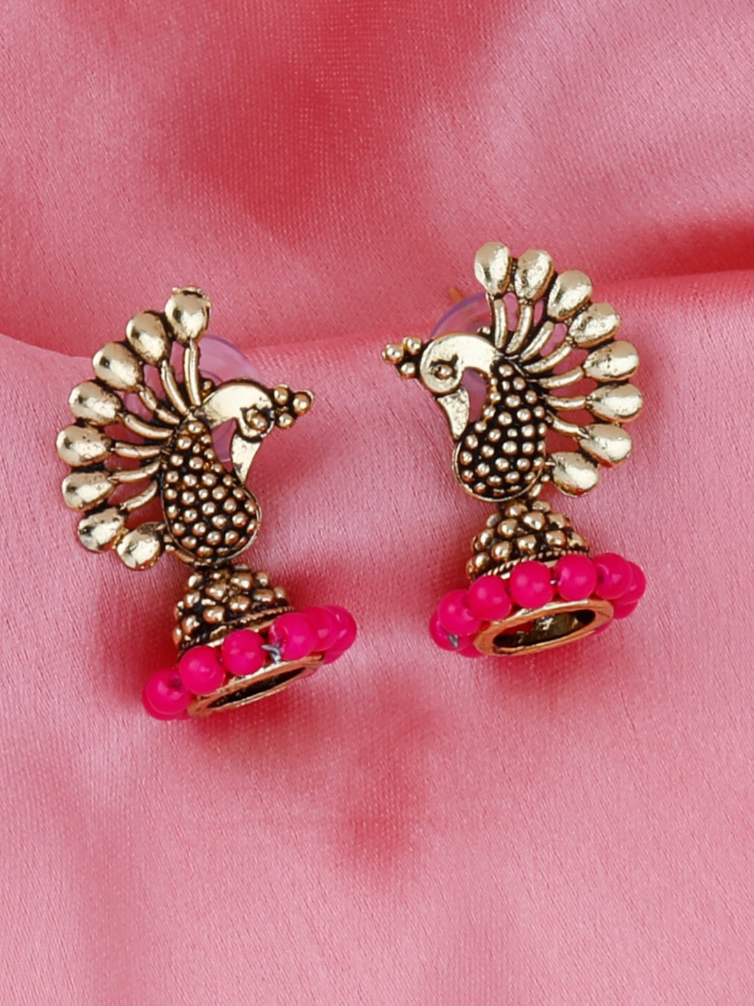 

Silver Shine Gold-Toned & Pink Peacock Shaped Drop Earrings