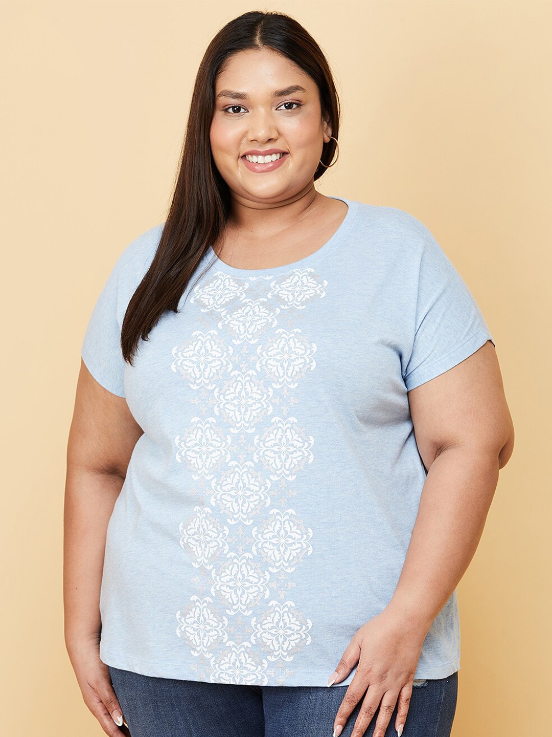 

max Women Plus Size Blue Floral Extended Sleeves T-shirt