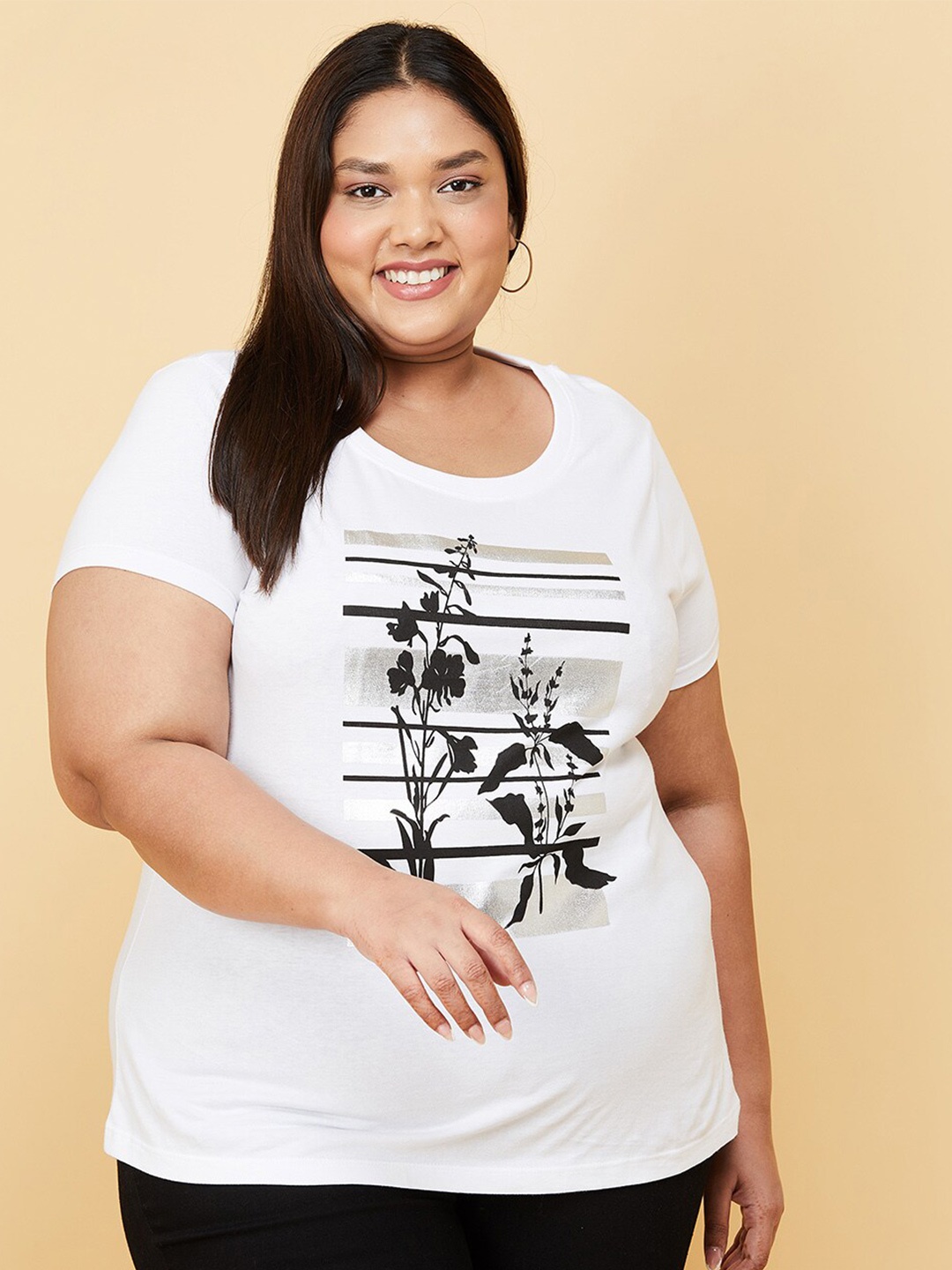 

max Women Plus Size White Typography Printed T-shirt