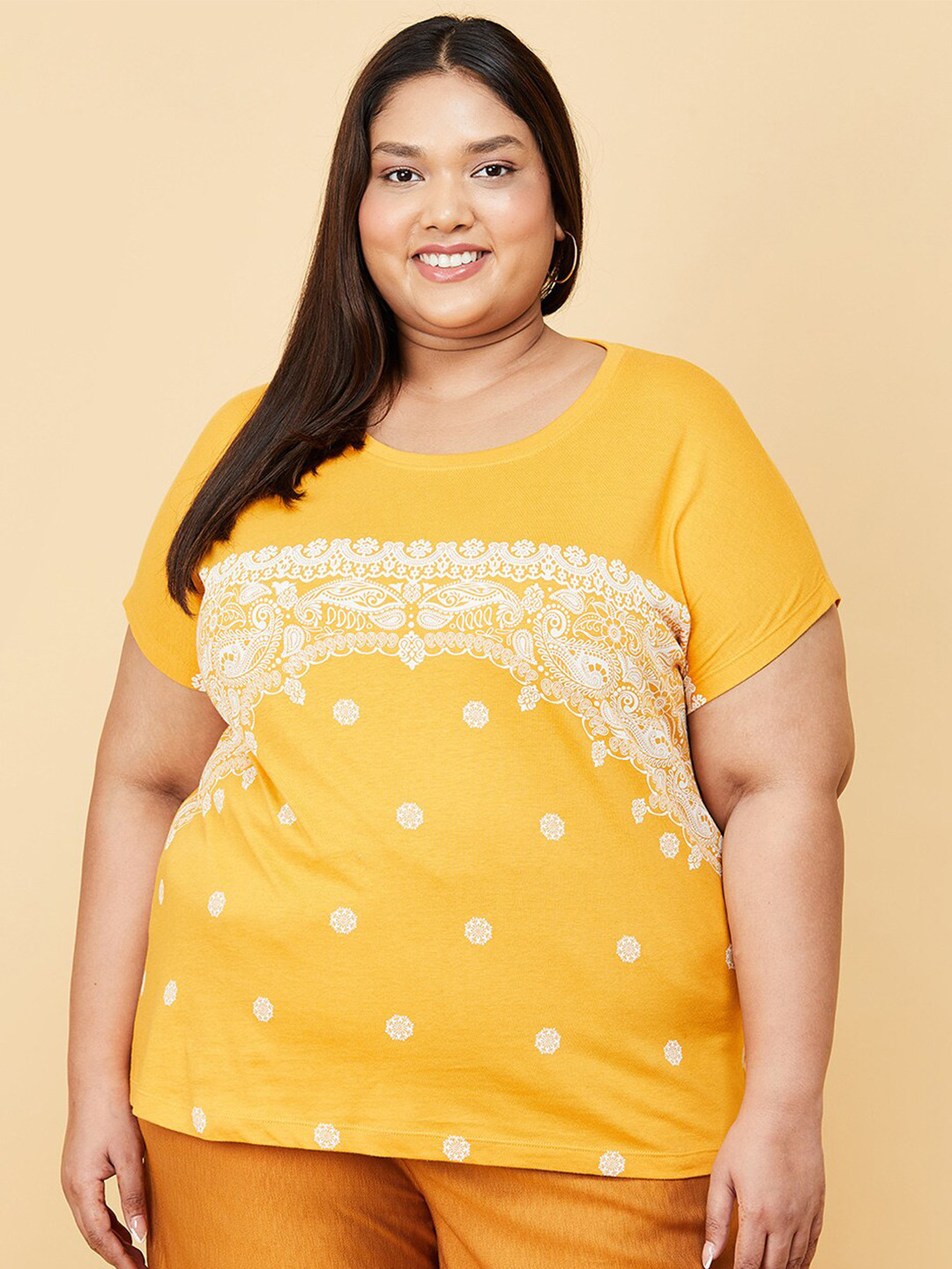 

max Plus Size Women Yellow Printed T-shirt