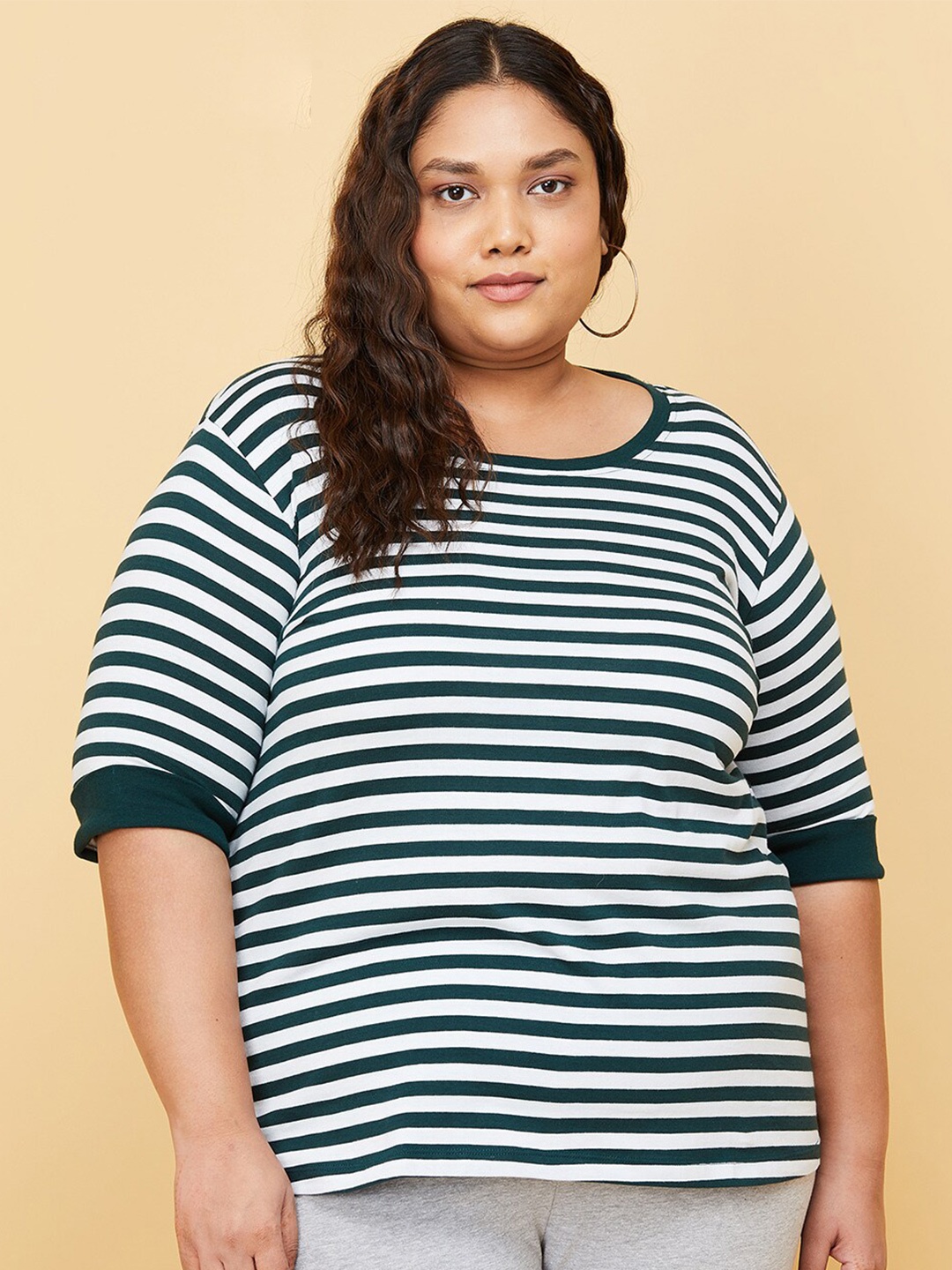 

max Plus Size Women Green & White Striped Drop-Shoulder Sleeves T-shirt