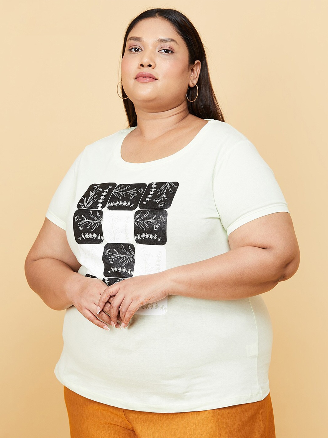 

max Plus Size Women Lime Green Floral Printed Pure Cotton T-shirt