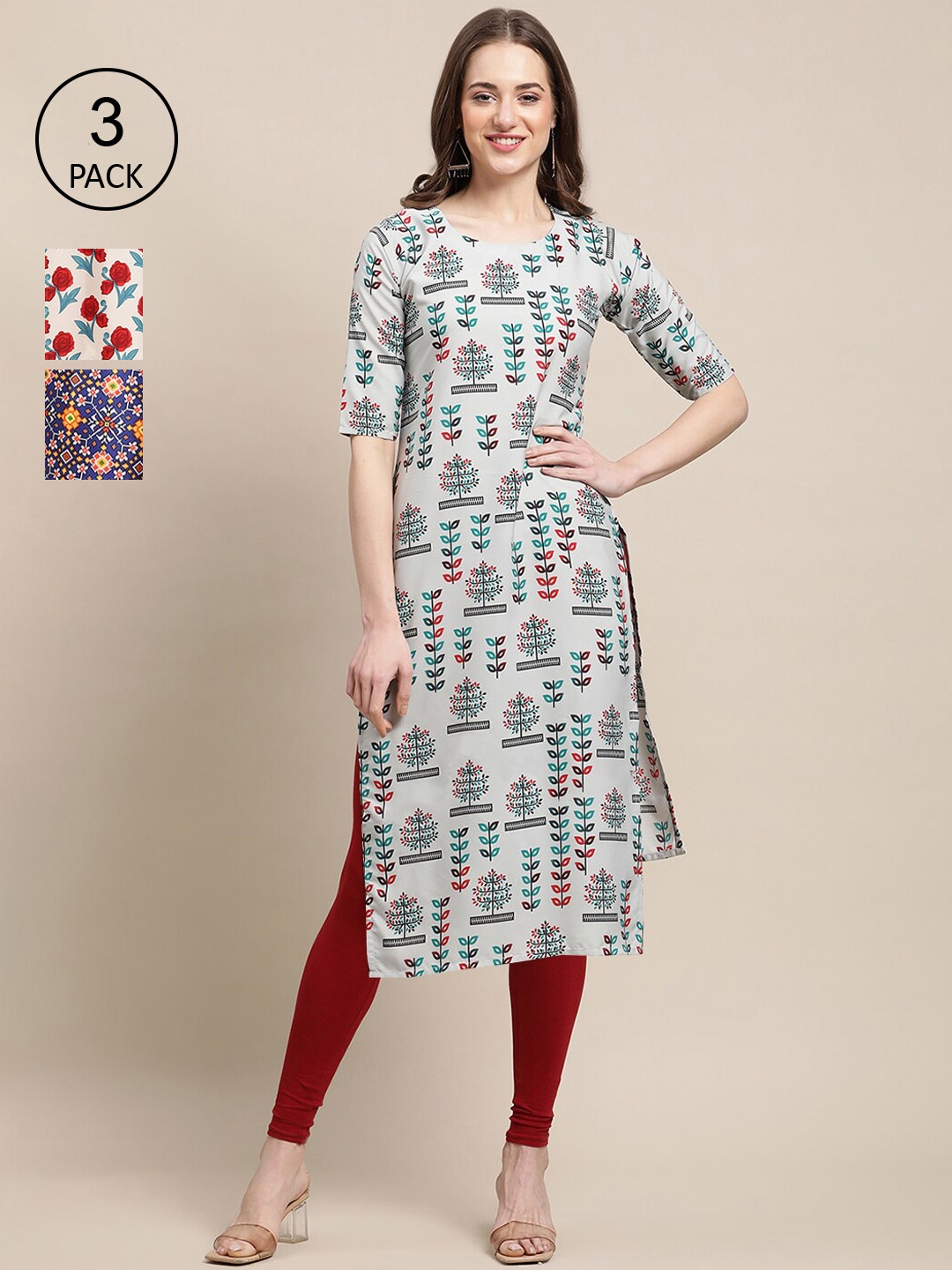 

Ethnic basket Women Pack Of 3 Grey & White Geometric Printed Block Print Crepe Kurtas
