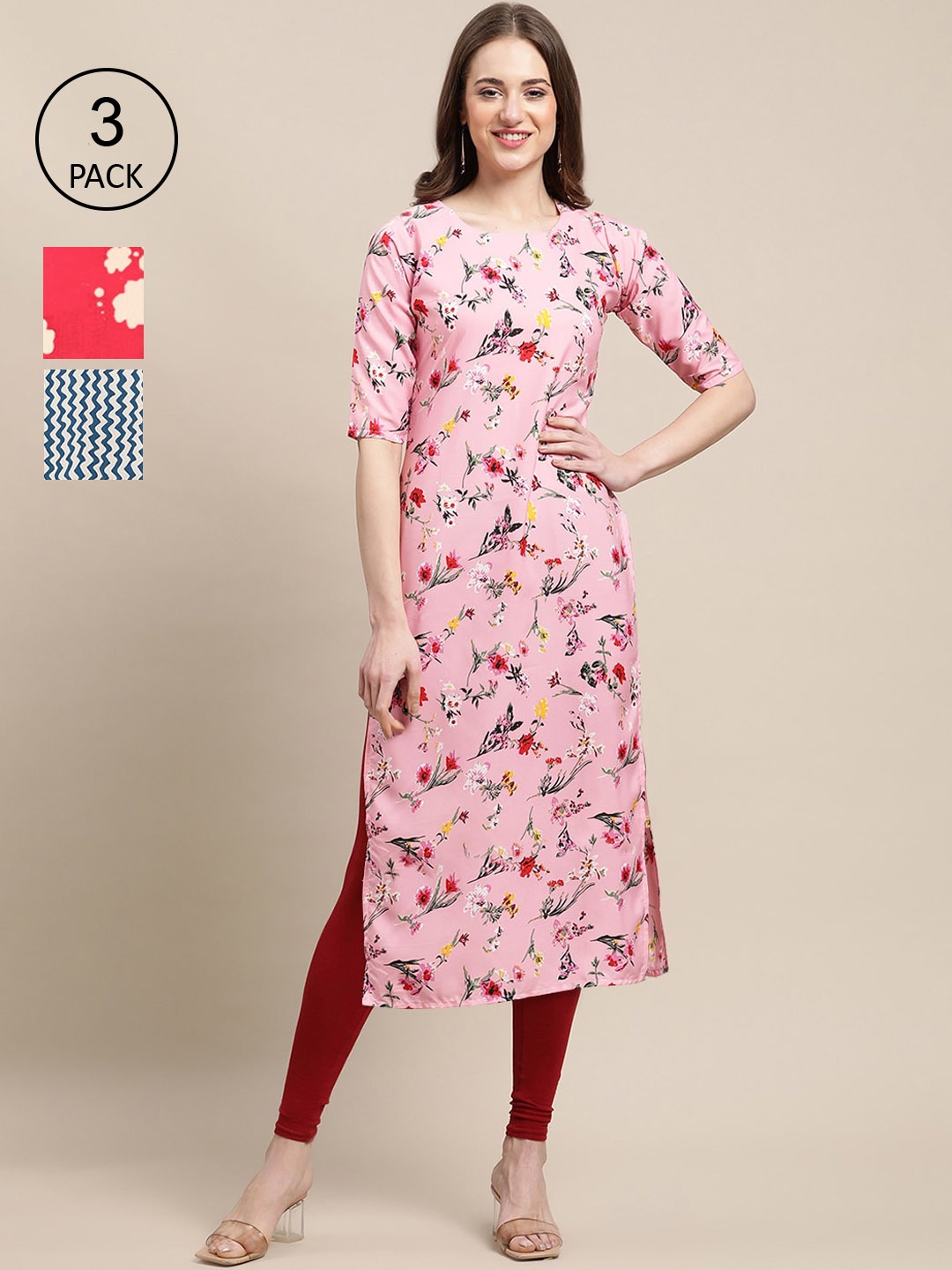 

Ethnic basket Pack of 3 Women Floral Printed Block Print Crepe Kurta, Pink