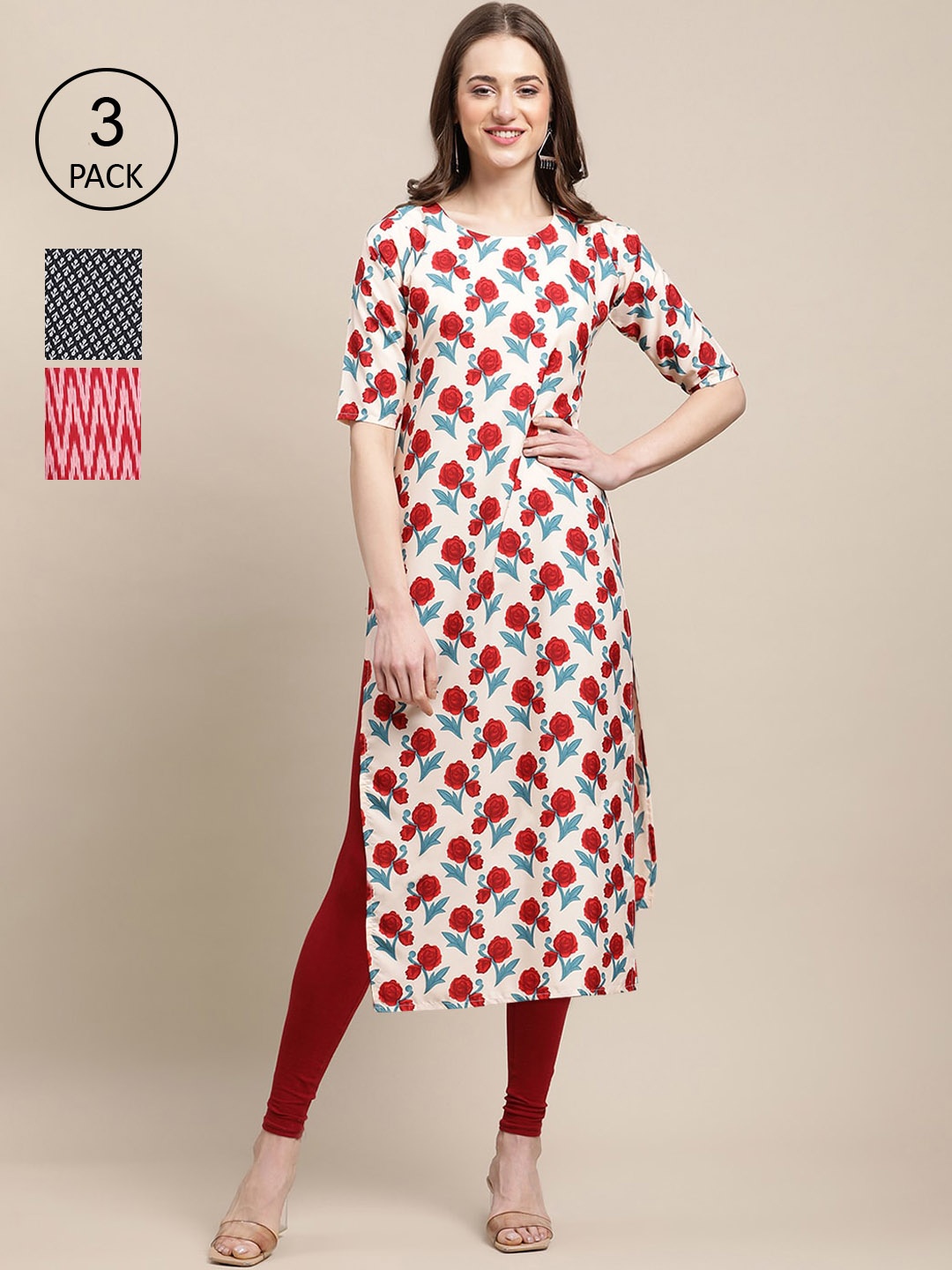 

Ethnic basket Women Pack Of 3 White & Red Geometric Printed Block Print Crepe Kurtas