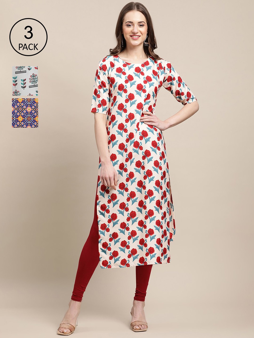 

Ethnic basket Pack of 3 Women Floral Printed Block Print Crepe Kurta, White