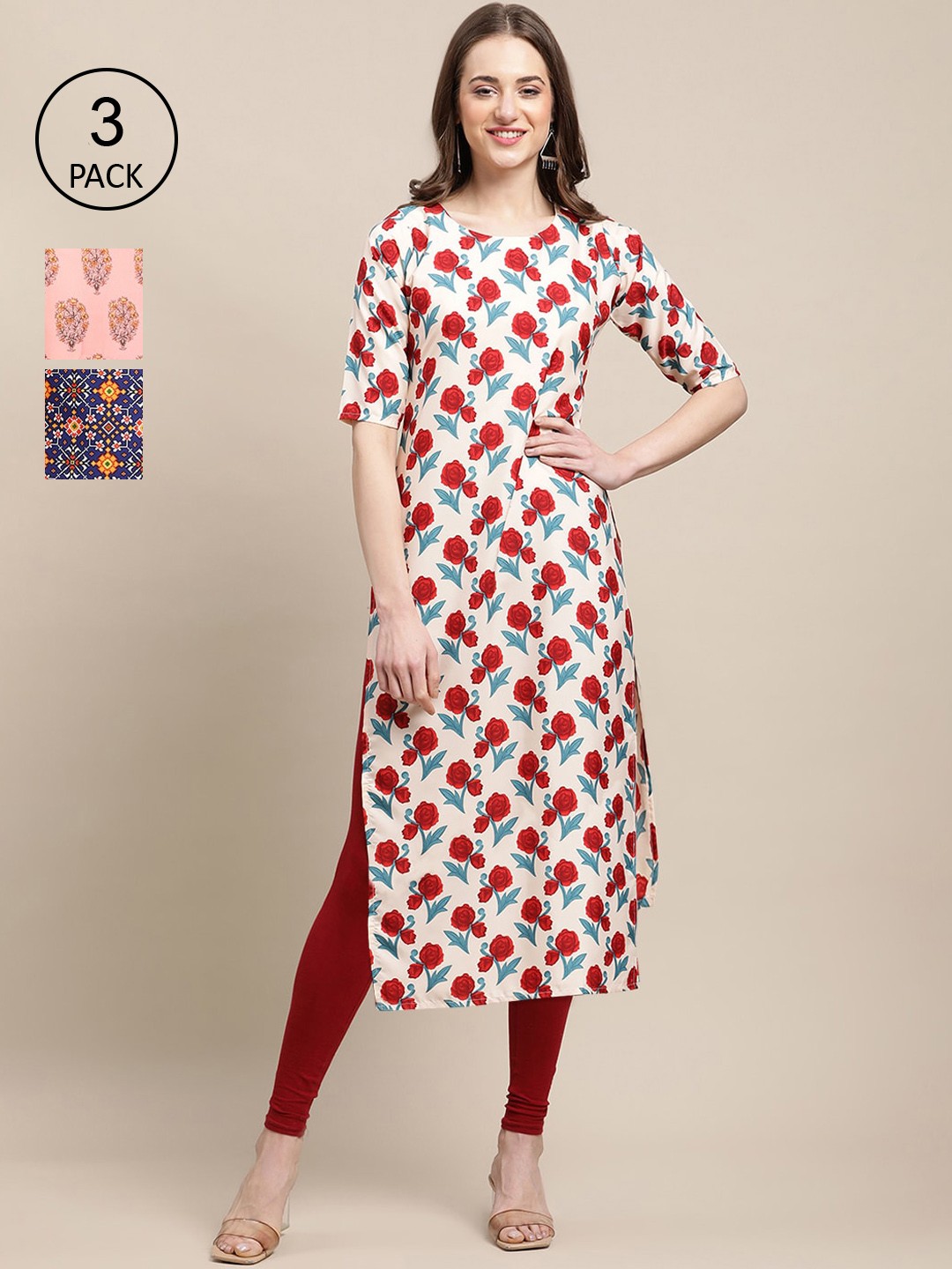 

Ethnic basket Pack of 3 Women Floral Printed Block Print Crepe Kurta, White