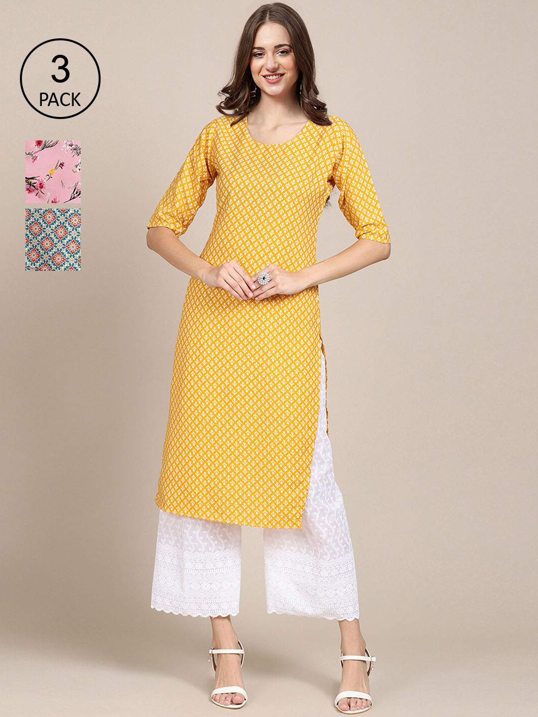 

Ethnic basket Pack Of 3 Women Yellow & Pink Geometric Printed Crepe Kurta