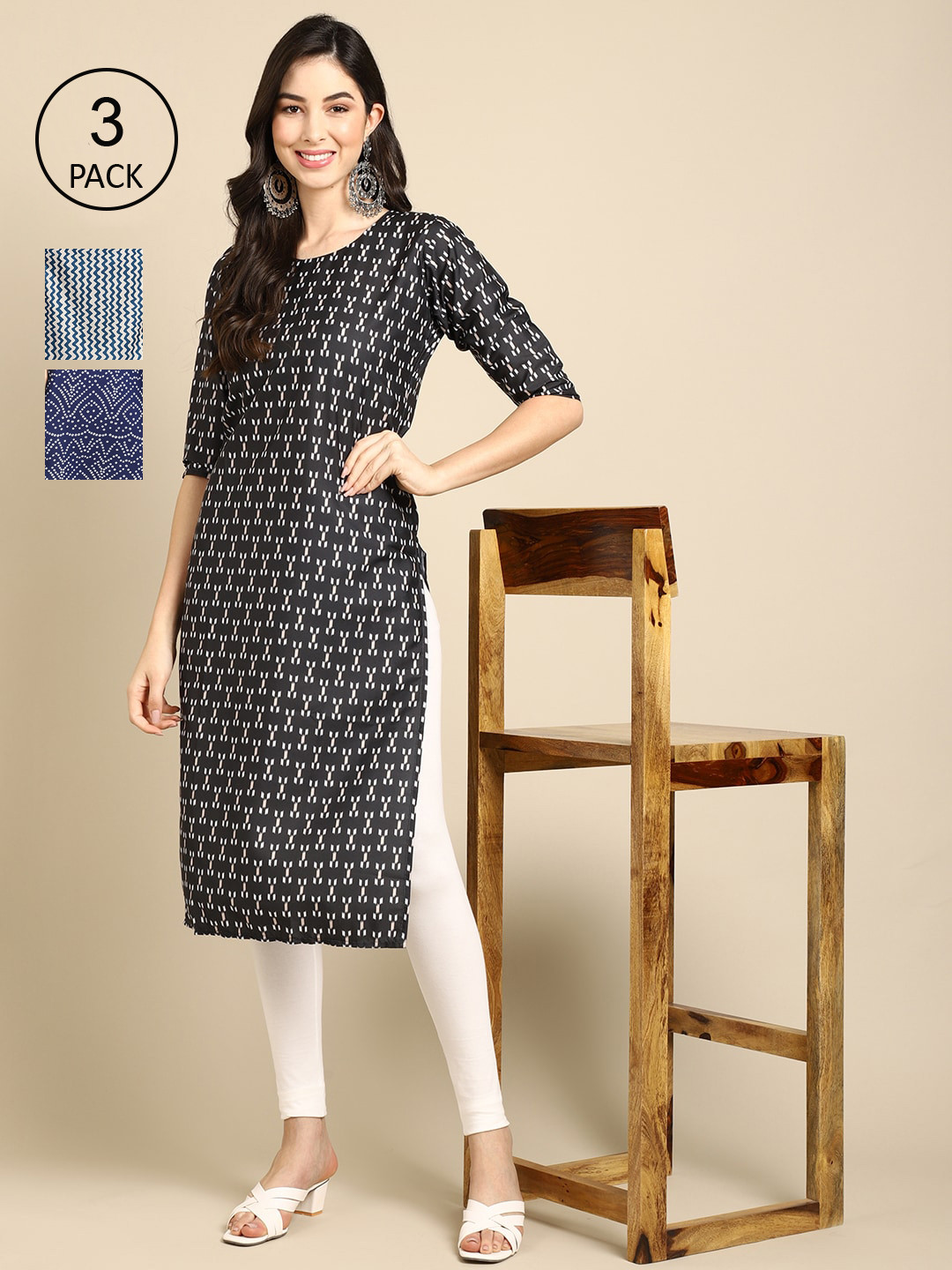 

Ethnic basket Pack of 3 Women's Block Printed Crepe Straight Kurta, Black