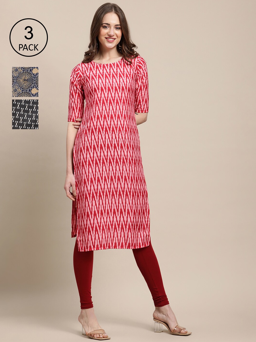 

Ethnic basket Pack of 3 Women Ethnic Motifs Printed Block Print Crepe Kurta, Red