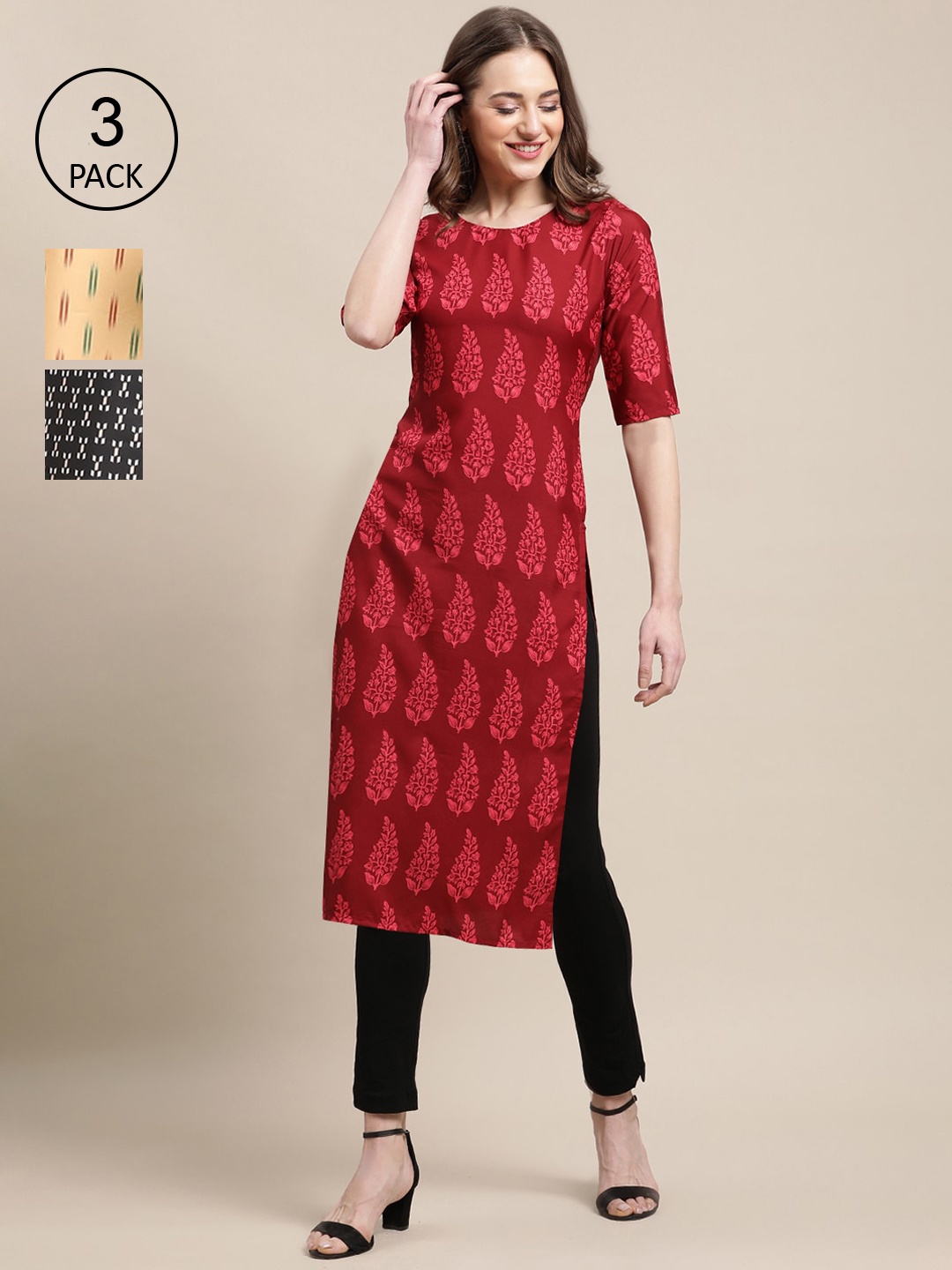 

Ethnic basket Pack of 3 Women Ethnic Motifs Printed Block Print Crepe Kurta, Red