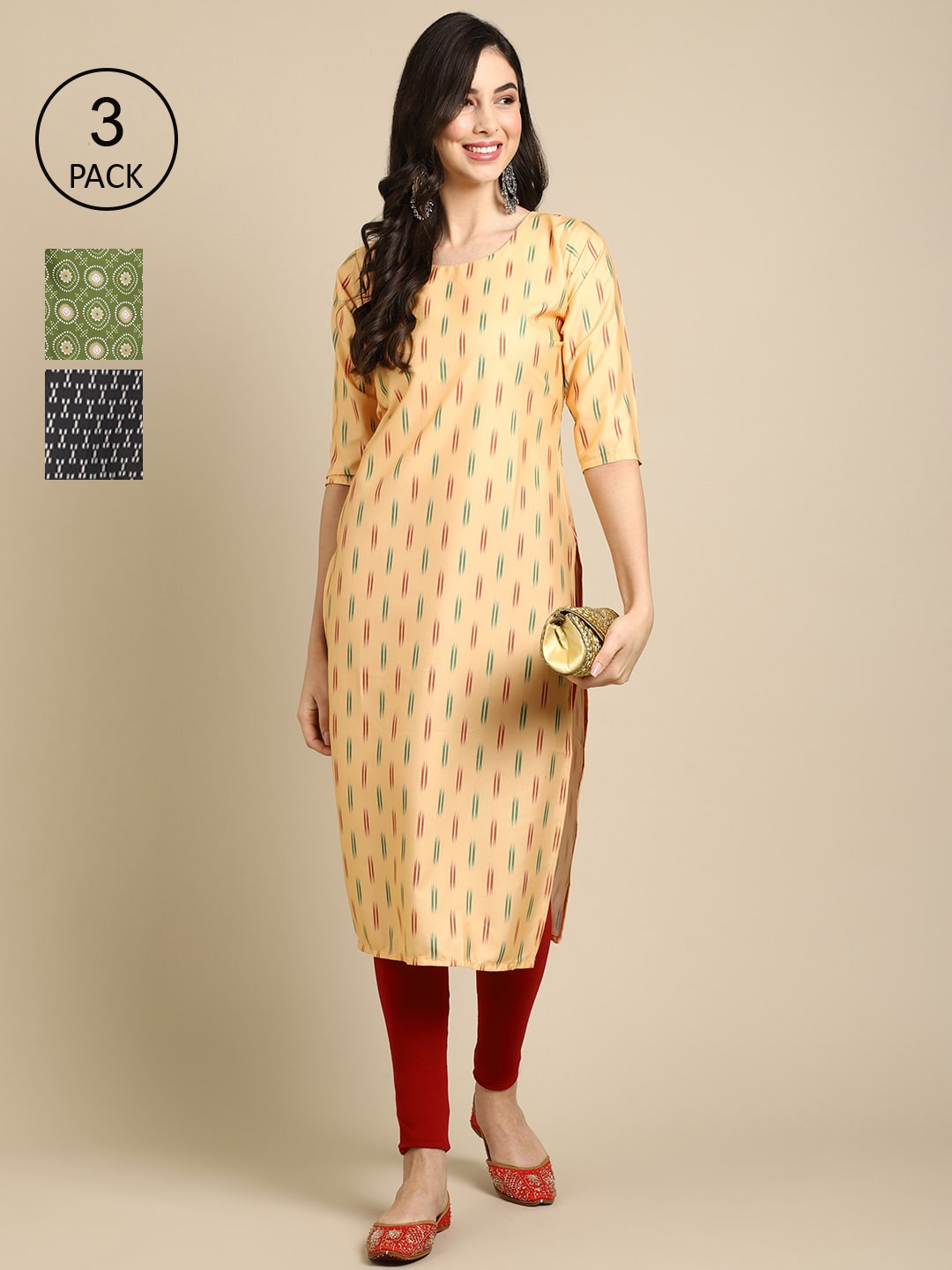 

Ethnic basket Pack Of 3 Women Yellow & Green Geometric Printed Crepe Kurta