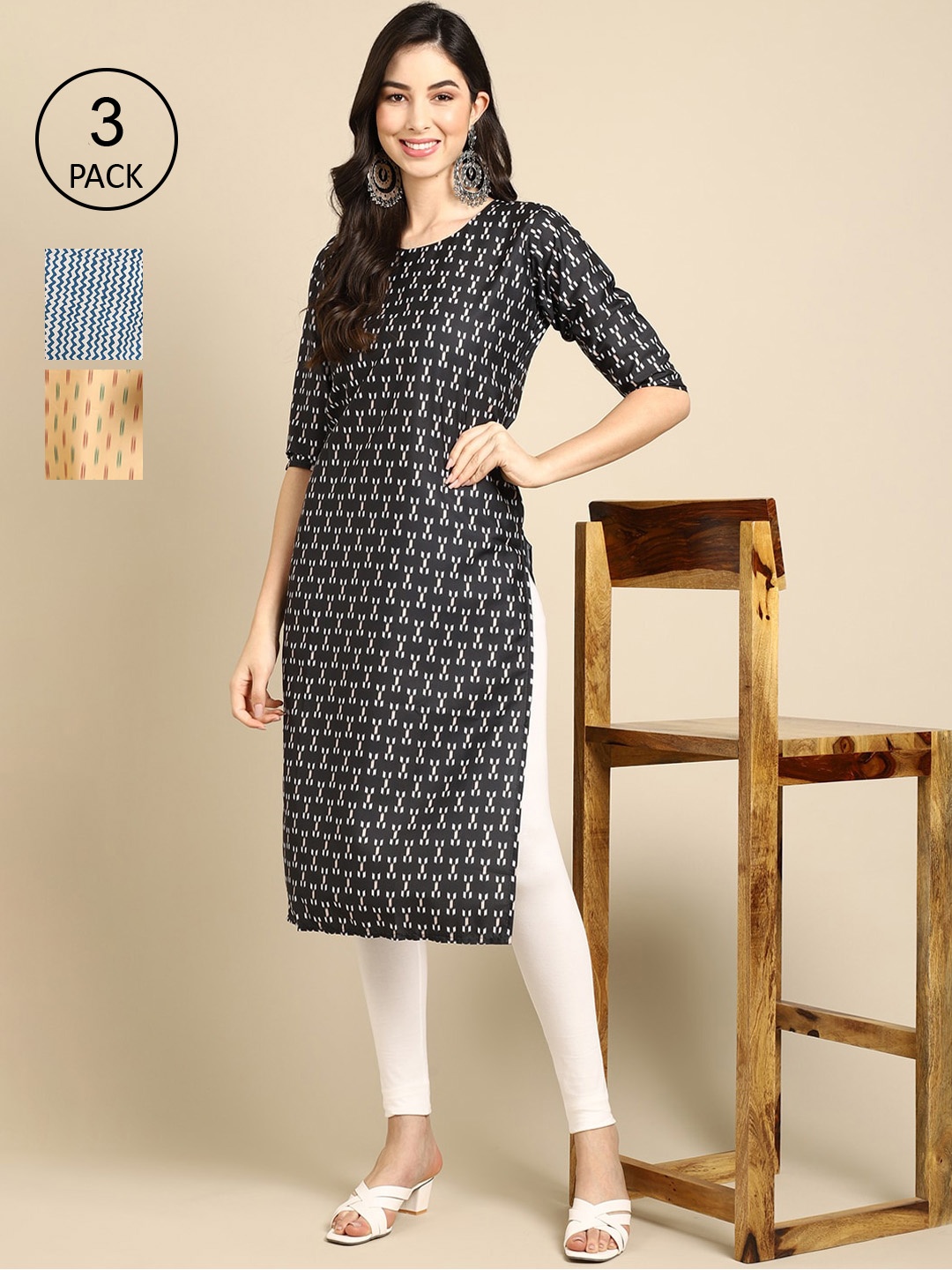

Ethnic basket Pack Of 3 Women Black & Blue Geometric Printed Crepe Kurta