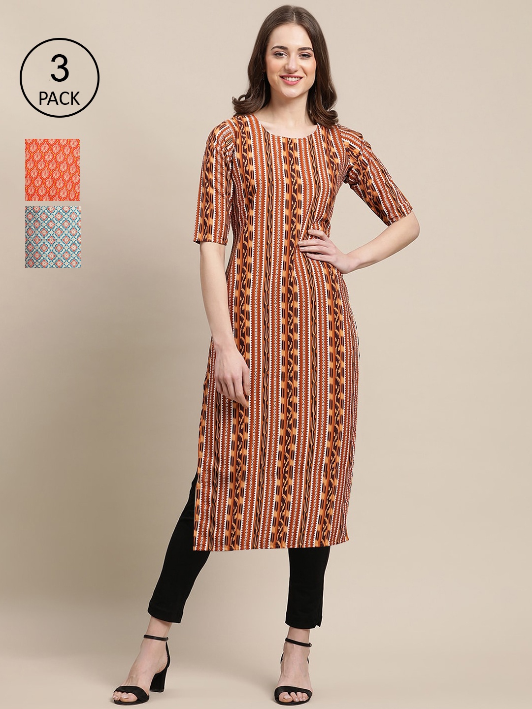 

Ethnic basket Women Pack of 3 Brown ,Orange & Grey Ethnic Motifs Printed Crepe Kurta