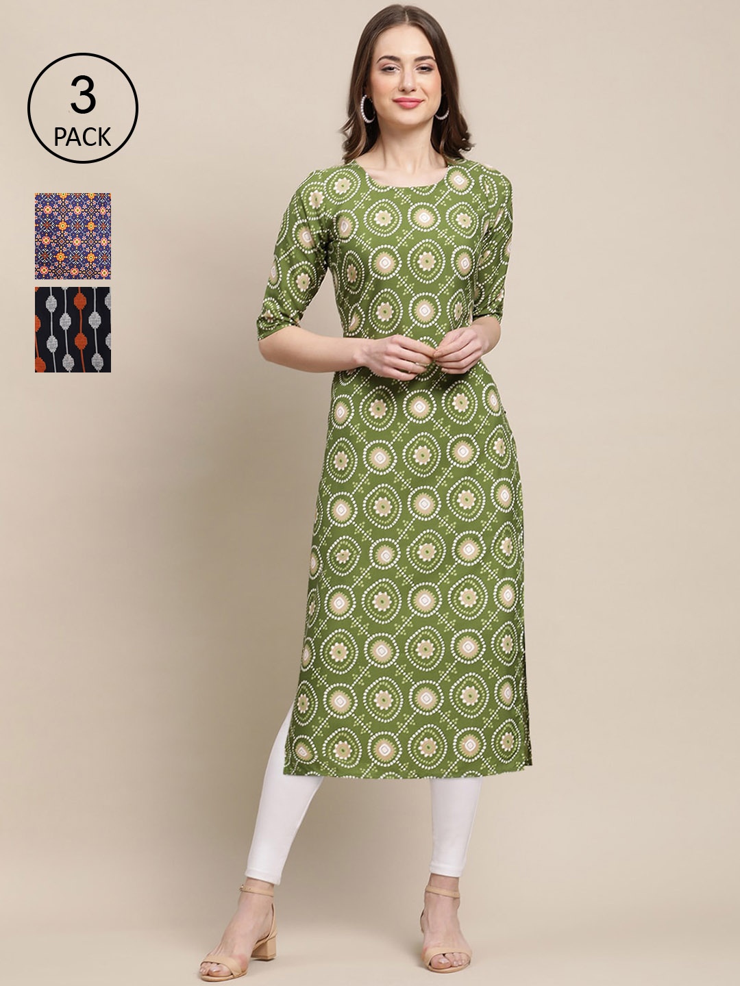 

Ethnic basket Pack Of 3 Women Green & Blue Ethnic Motifs Printed Crepe Kurta