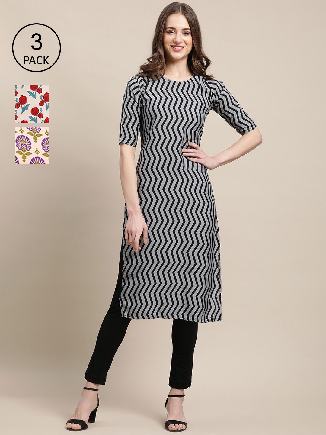 

Ethnic basket Pack Of 3 Women Grey & Peach-Coloured Floral Printed Crepe Kurta