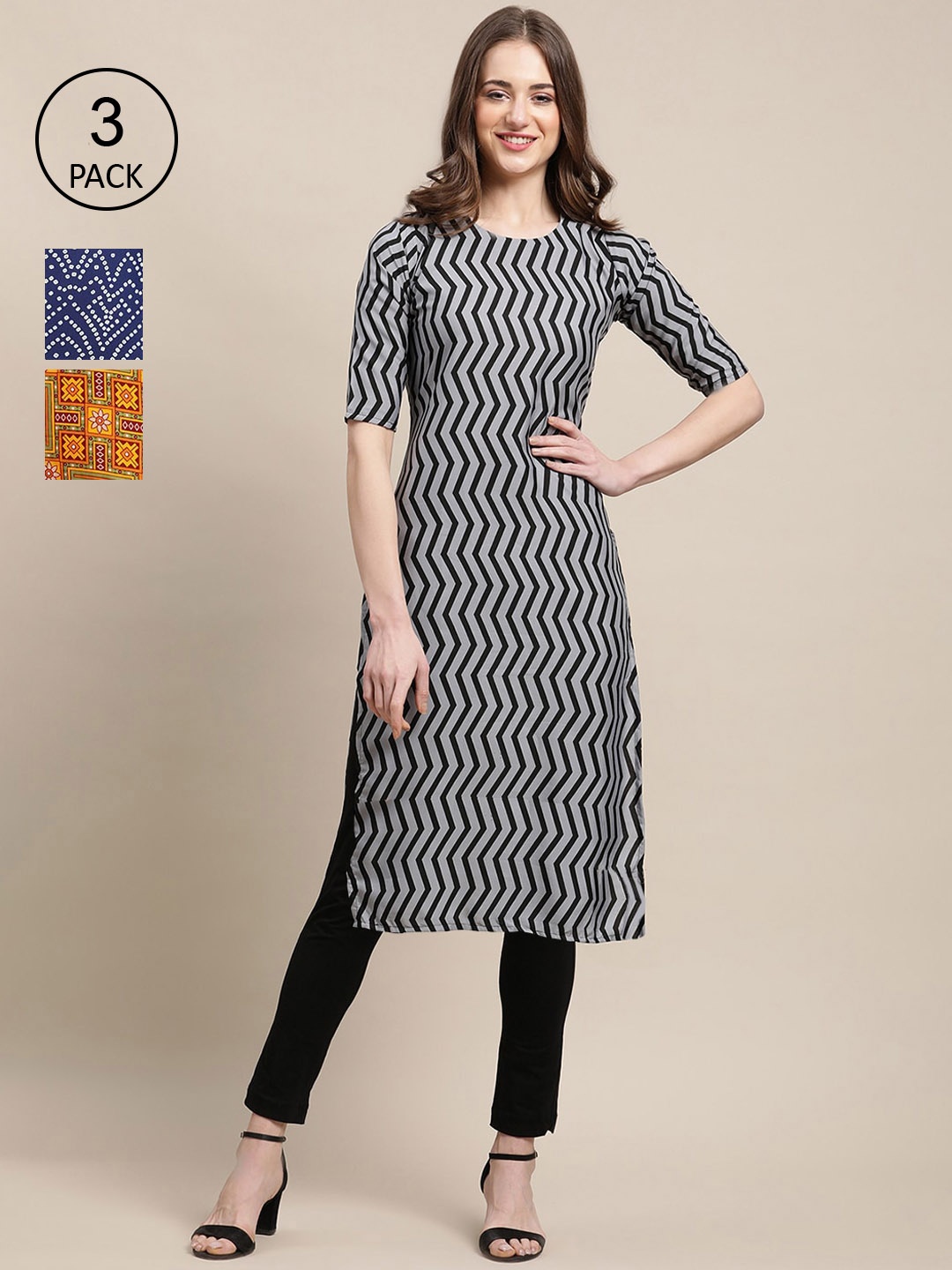 

Ethnic basket Pack of 3 Women's Block Printed Crepe Straight Kurta, Grey