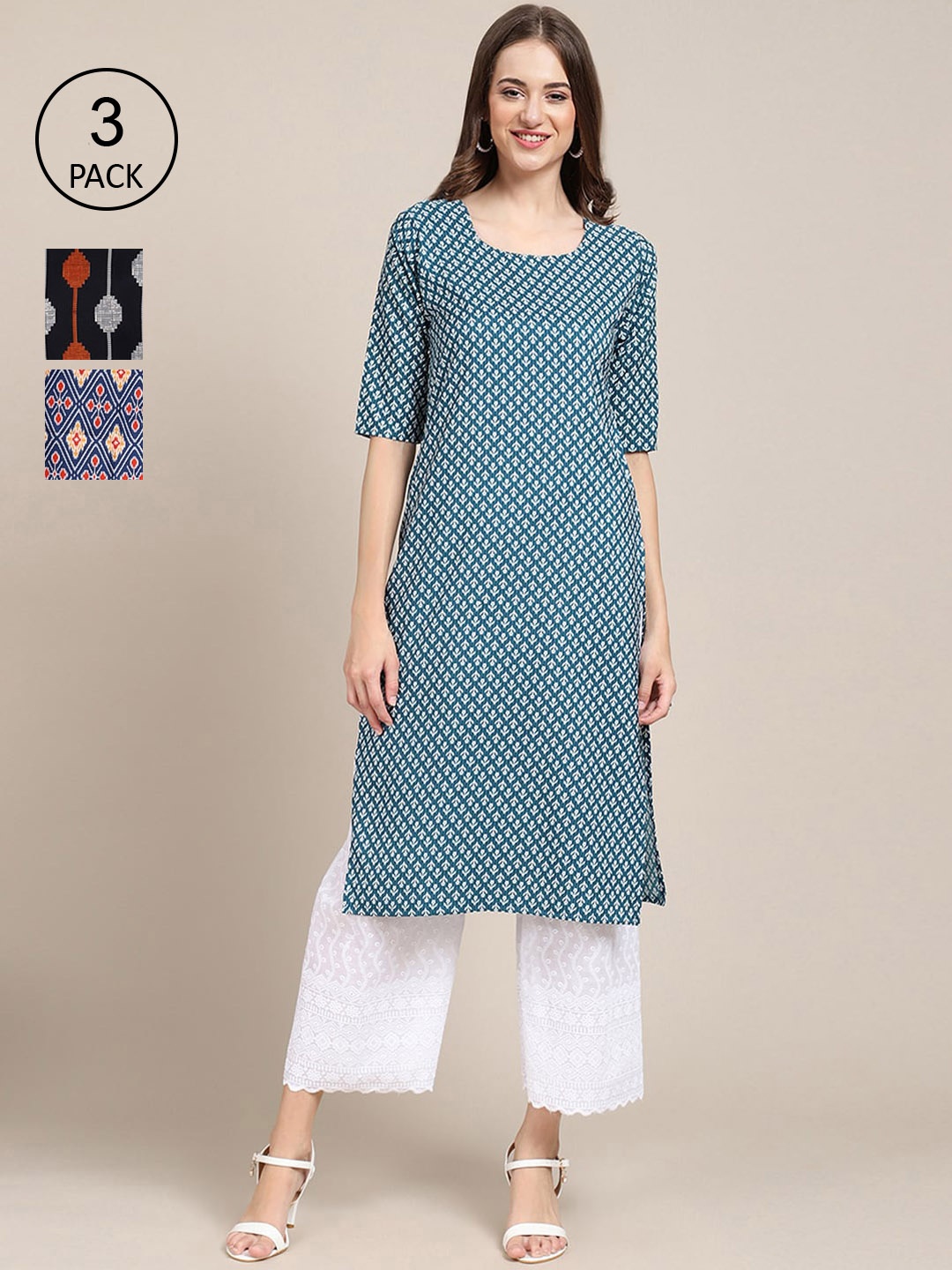 

Ethnic basket Pack Of 3 Women Blue & Black Ethnic Motifs Printed Crepe Kurta