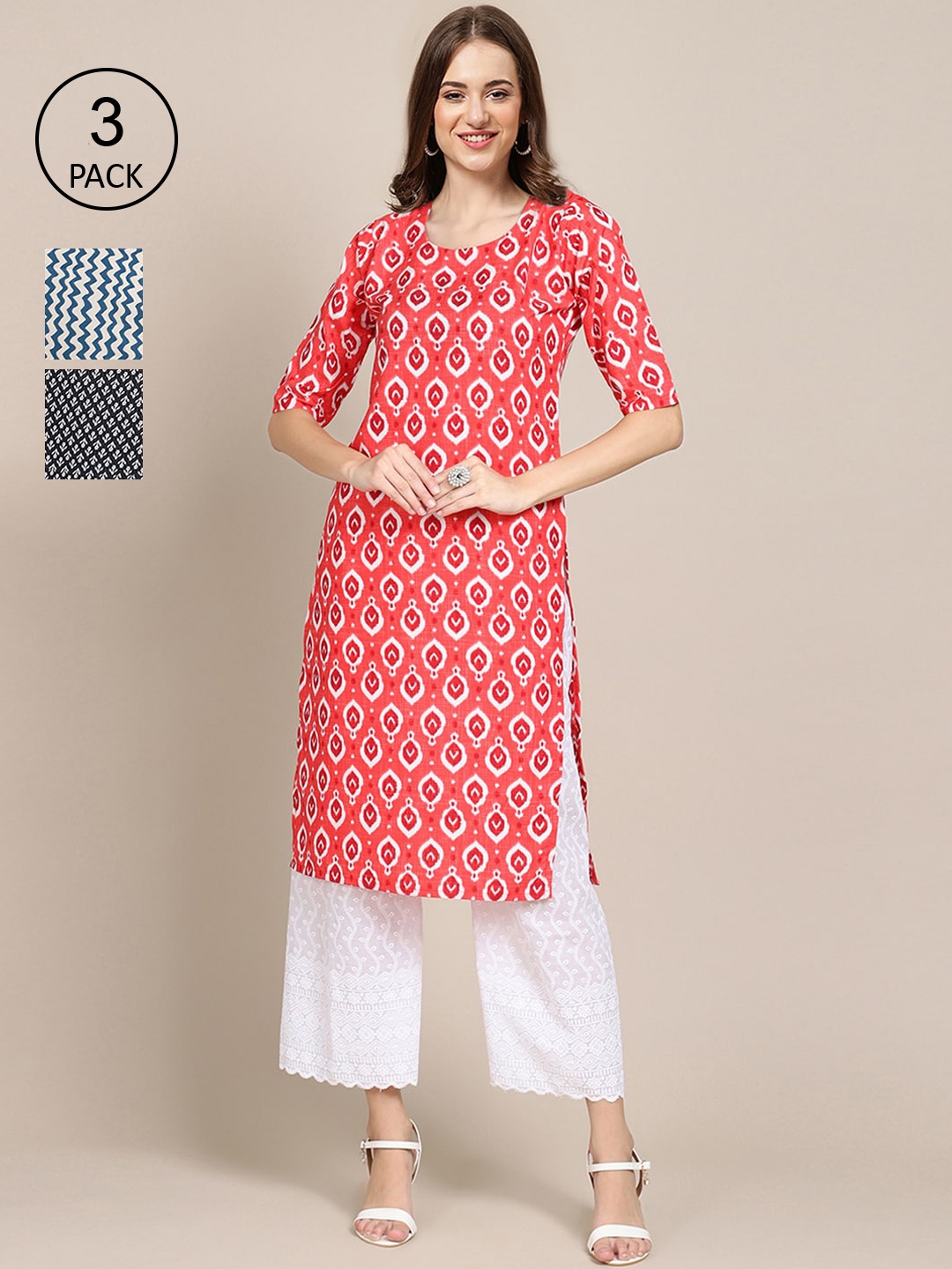 

Ethnic basket Pack of 3 Women's Block Printed Crepe Straight Kurta, Red