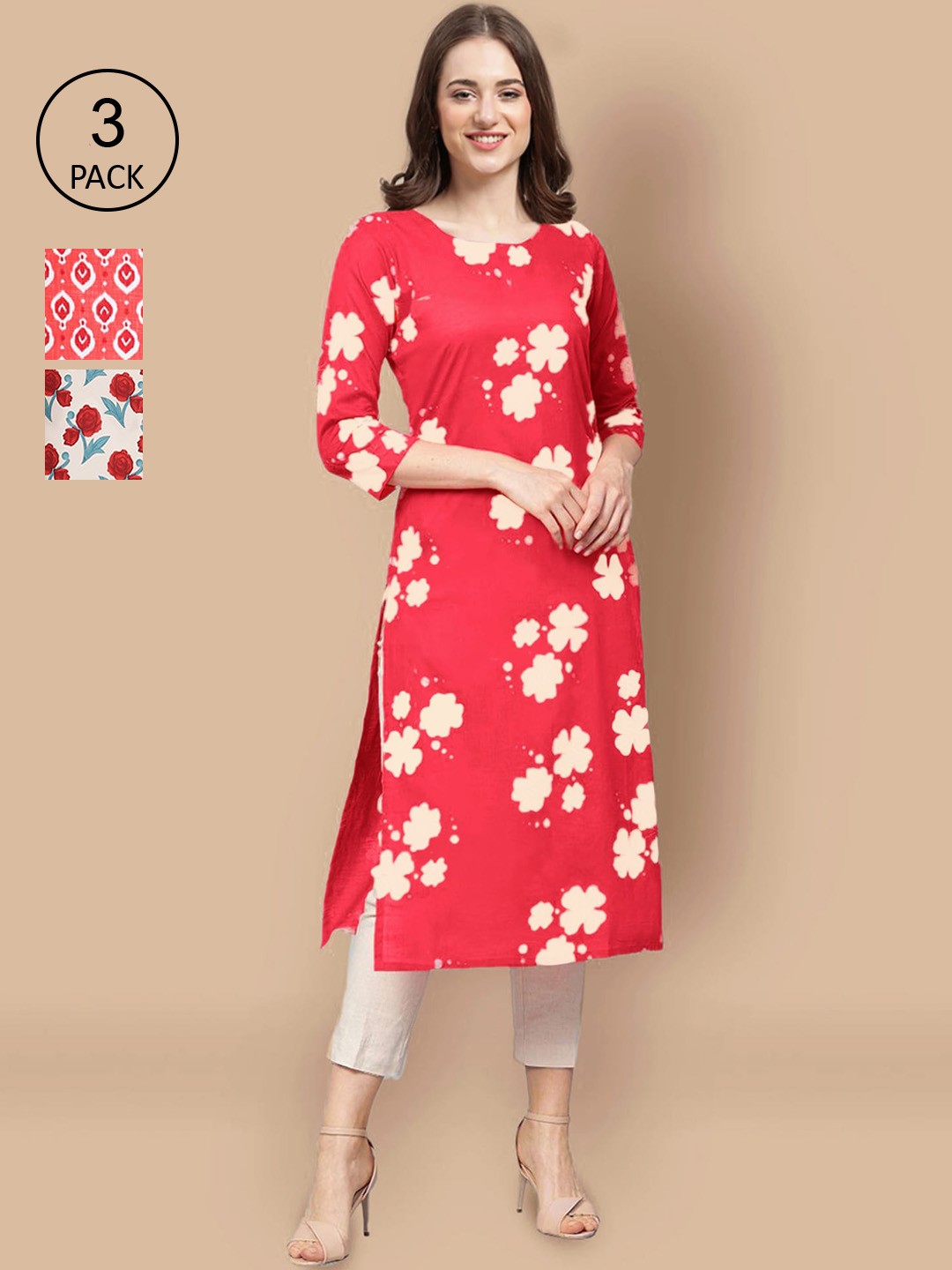 

Ethnic basket Women Pack of 3 Crepe Kurta, Red