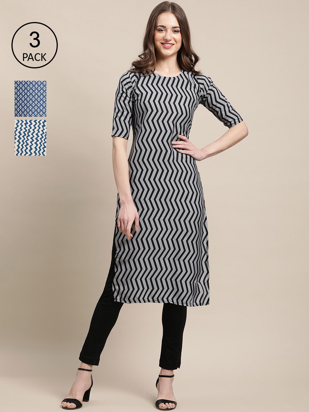 

Ethnic basket Women Pack of 3 Grey ,Cream-Coloured & Blue Geometric Striped Crepe Kurta