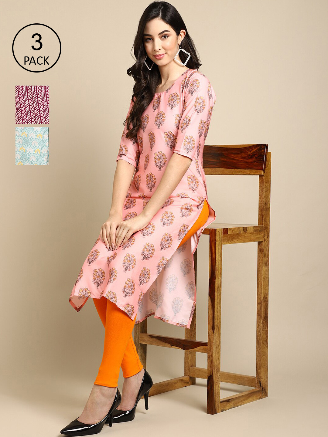 

Ethnic basket Pack of 3 Women's Block Printed Crepe Straight Kurta, Pink