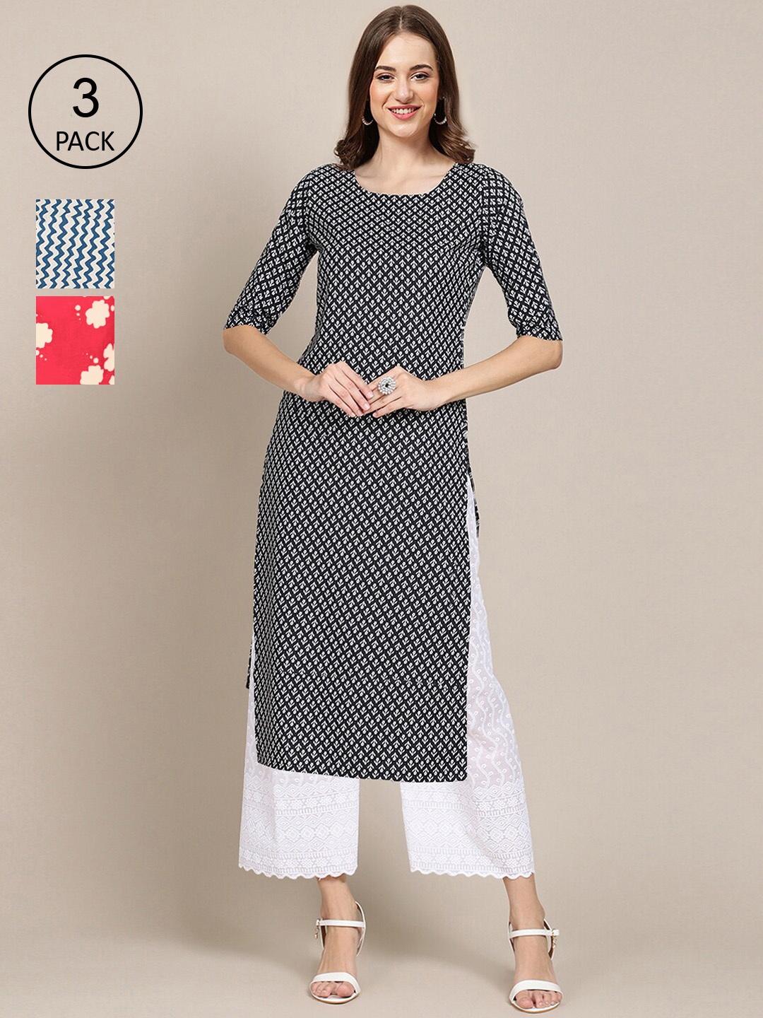 

Ethnic basket Pack of 3 Women's Block Printed Crepe Straight Kurta, Black