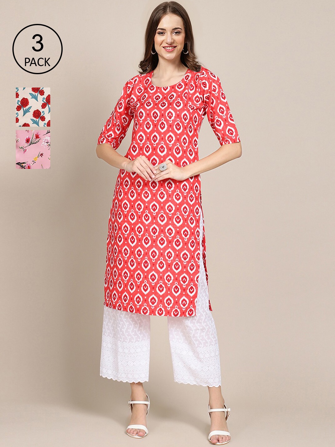 

Ethnic basket Pack of 3 Women's Block Printed Crepe Straight Kurta, Red