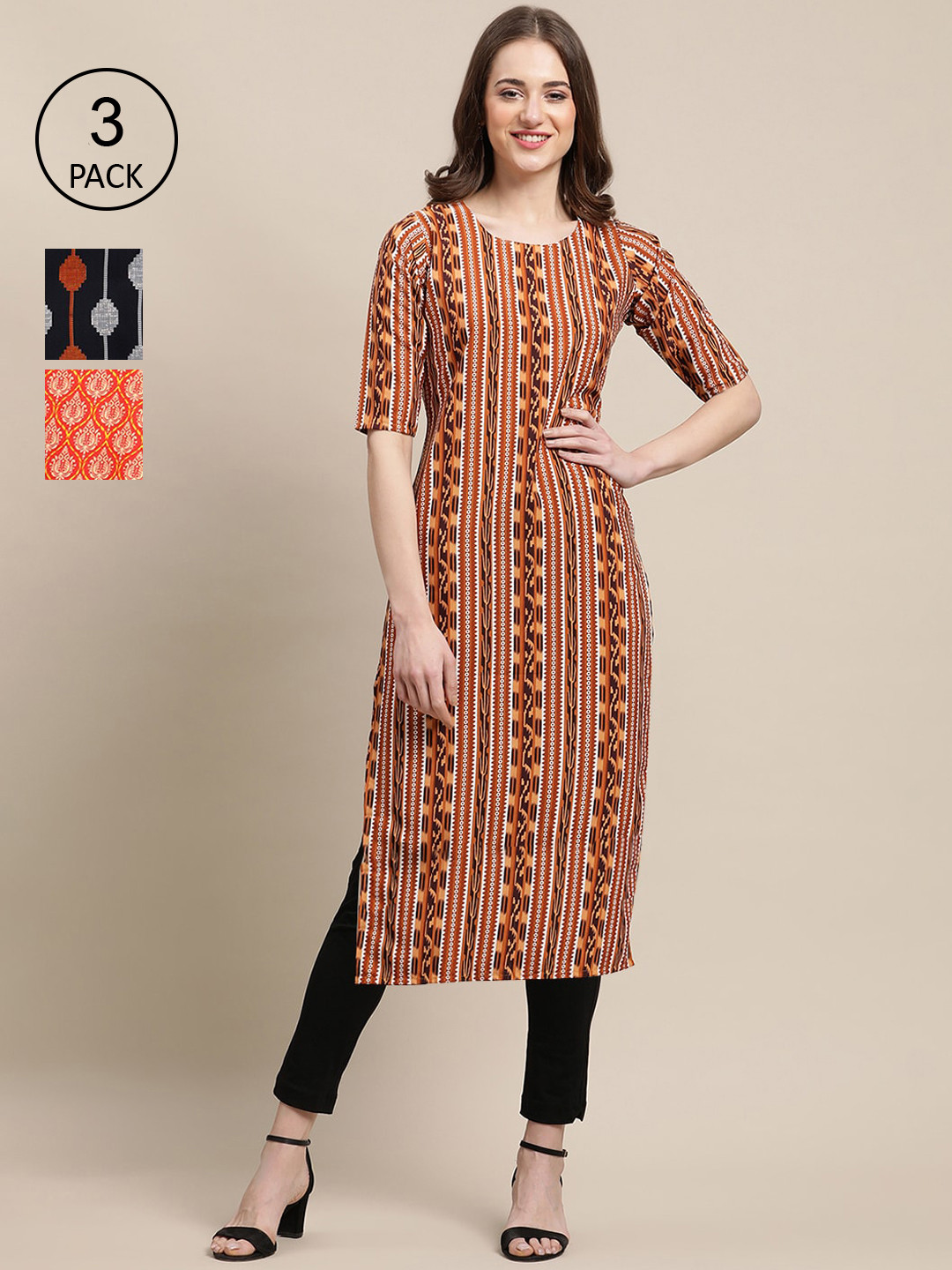 

Ethnic basket Pack Of 3 Women Brown & Black Ethnic Motifs Printed Crepe Kurta