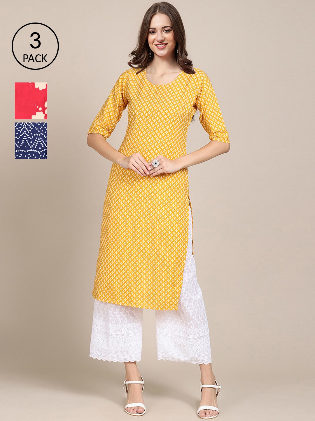 

Ethnic basket Women Pack of 3 Ethnic Motifs Printed Crepe Kurta, Yellow