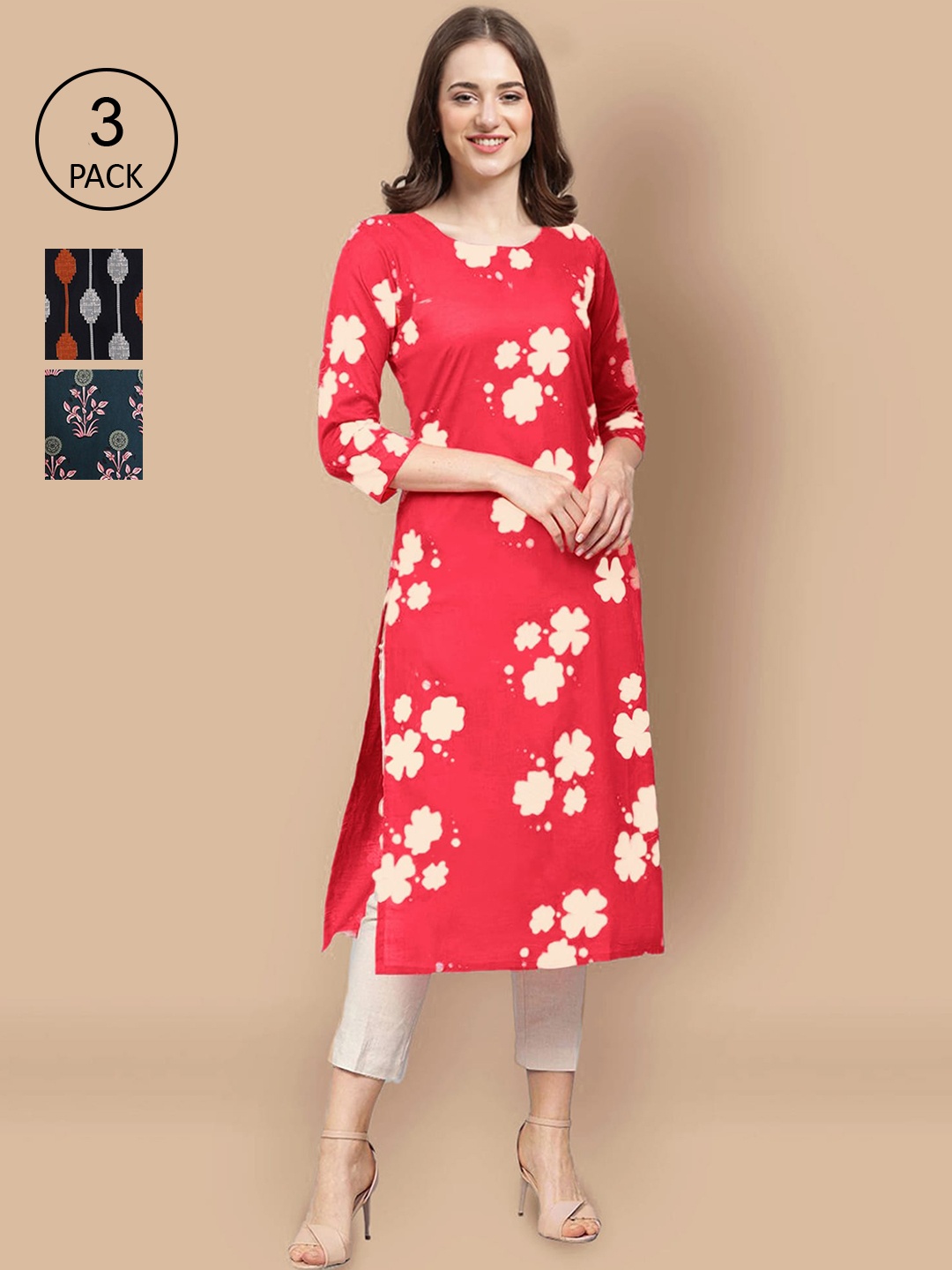 

Ethnic basket Pack Of 3 Women Red & Green Floral Printed Crepe Kurta