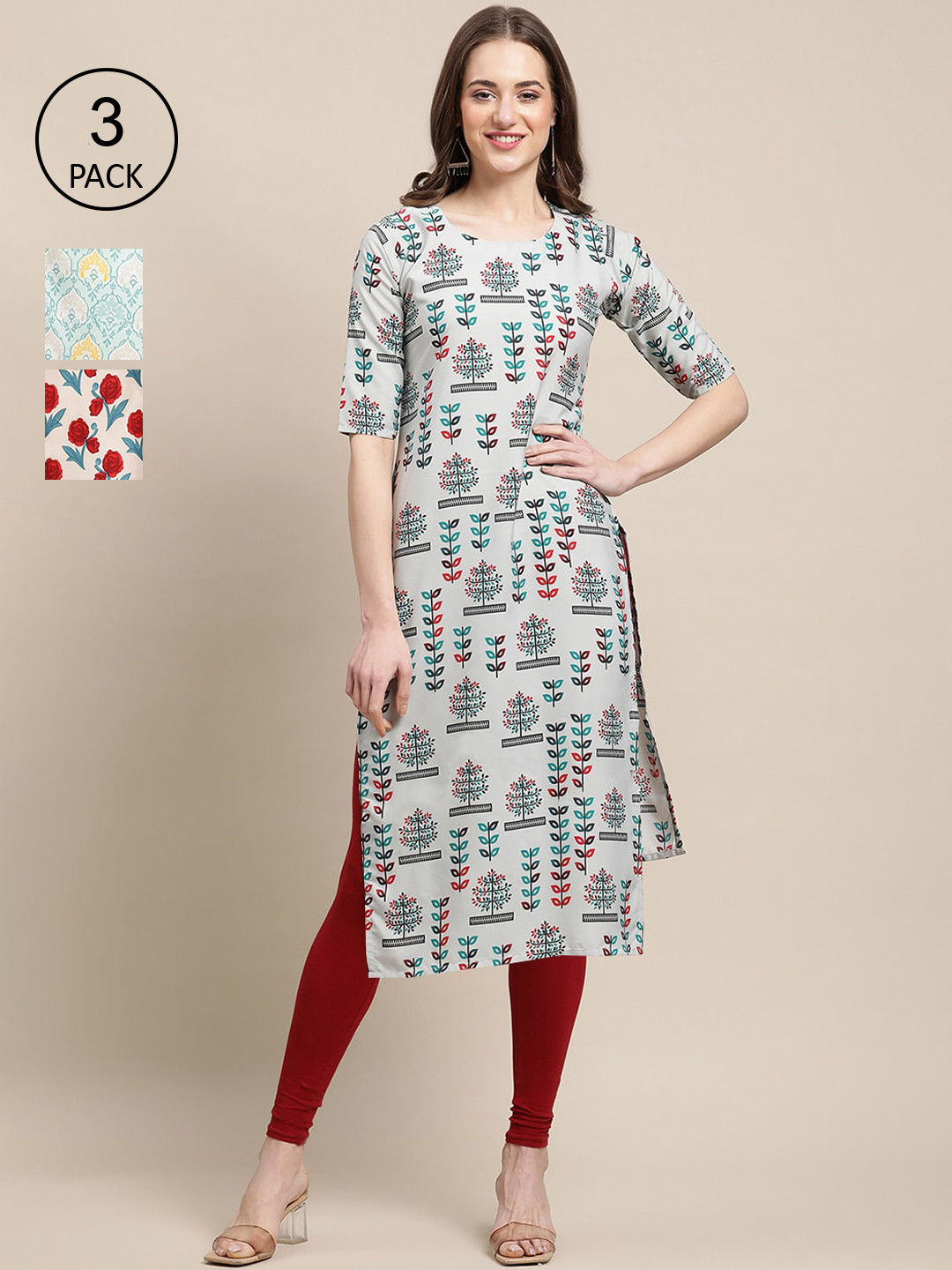 

Ethnic basket Pack Of 3 Women Grey & Sea Green Floral Printed Crepe Kurta