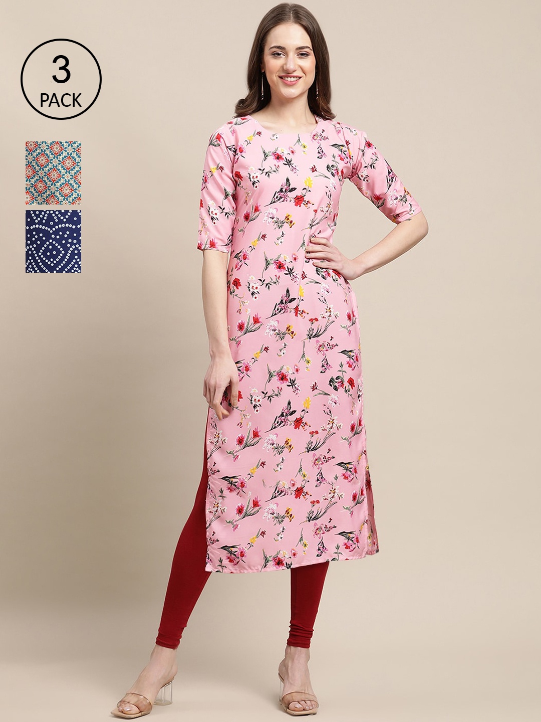 

Ethnic basket Pack of 3 Women's Block Printed Crepe Straight Kurta, Pink