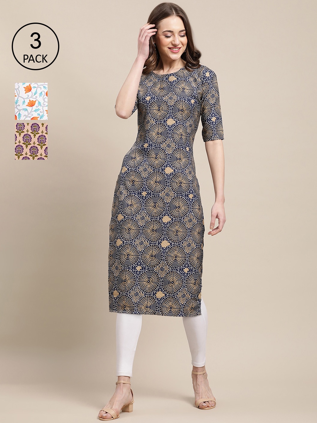 

Ethnic basket Women Pack of 3 Ethnic Motifs Printed Crepe Kurta, Peach